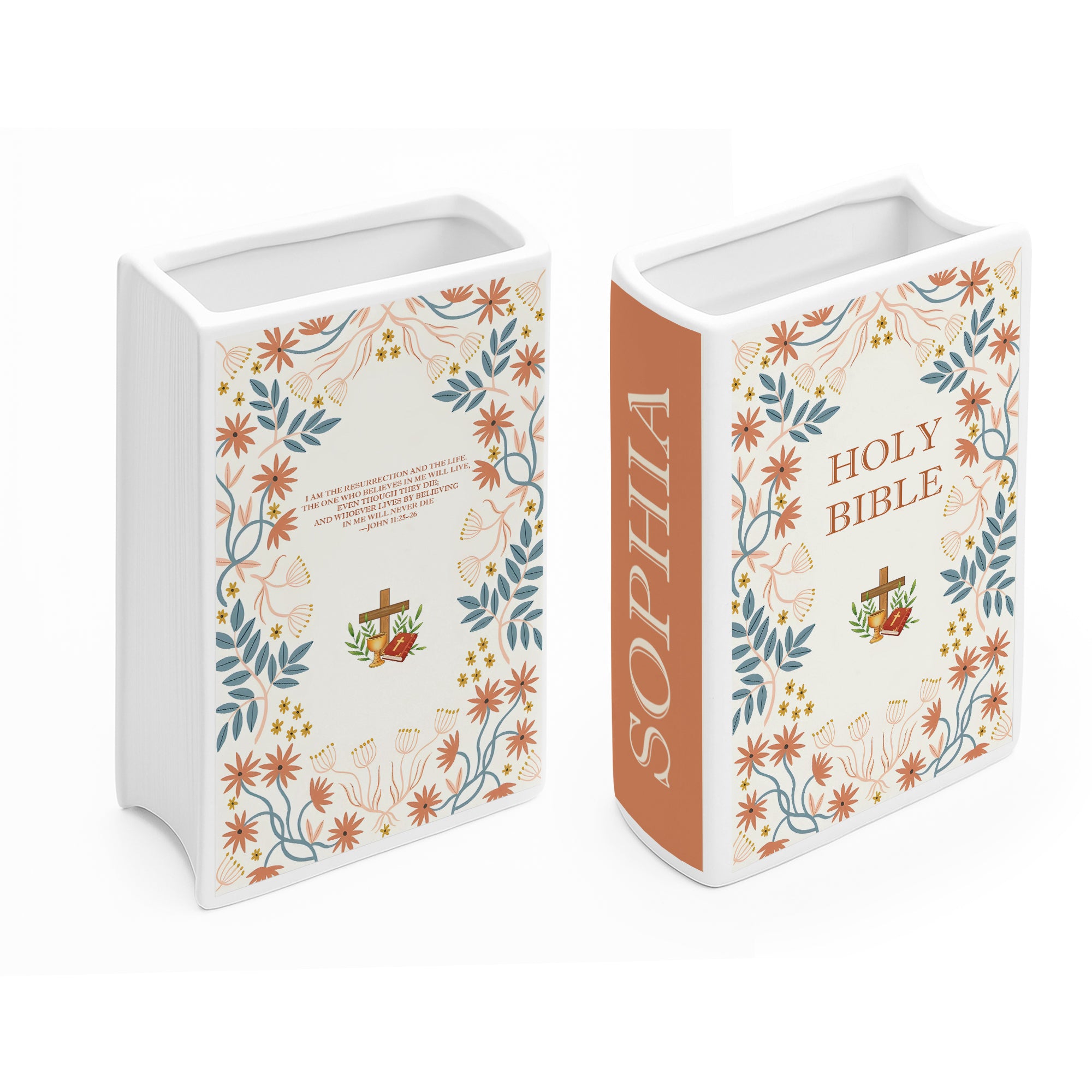 Personalized Ceramic Bible Vase, Resurrection Cross Design with Scripture, Christian Gift for Her, Mother's Day Gift CBLAF15