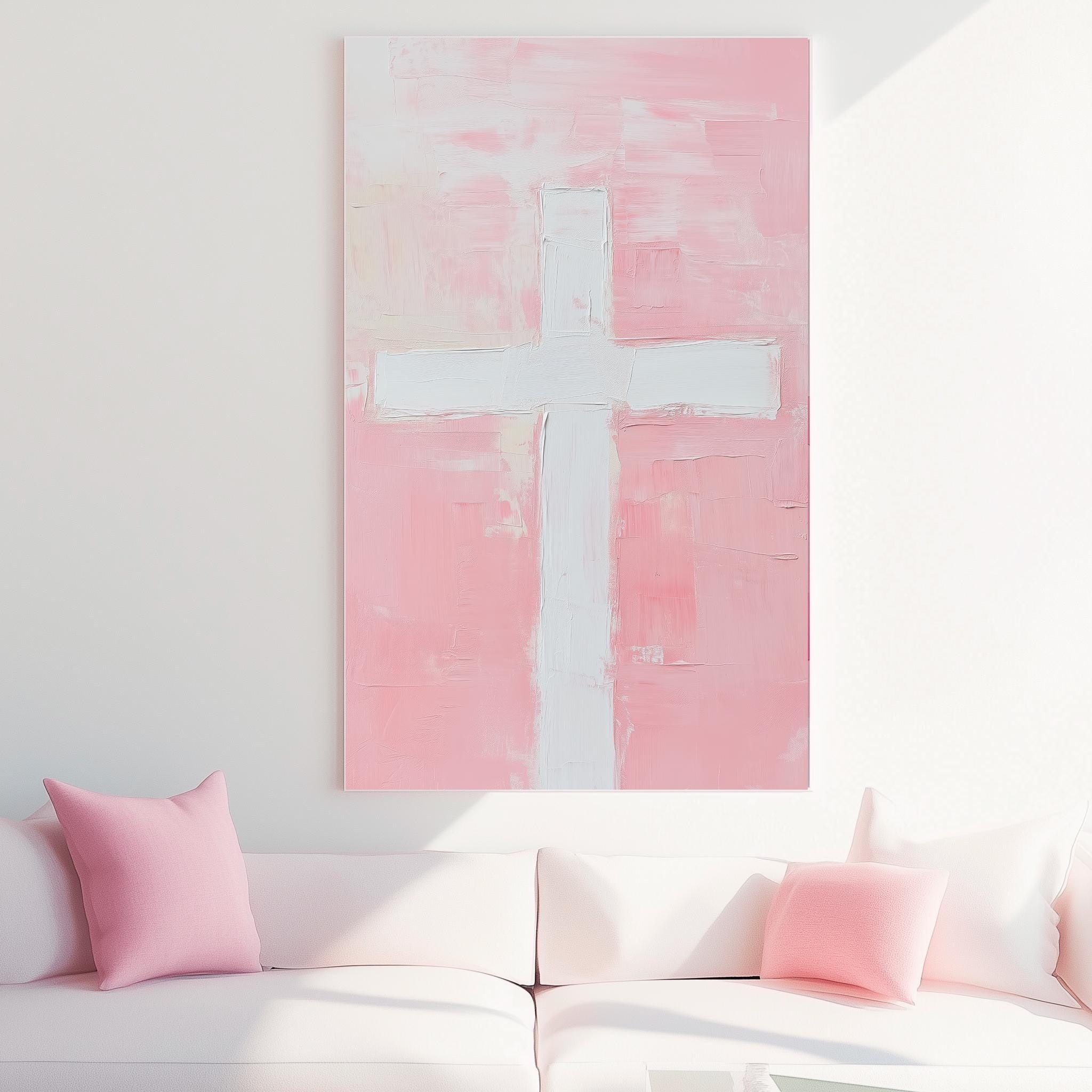 Minimalist Cross Christian Poster, Pink Cross Wall Art, Modern Christian Home Decor, Abstract Jesus Art Print, Light and Faith Gift Idea