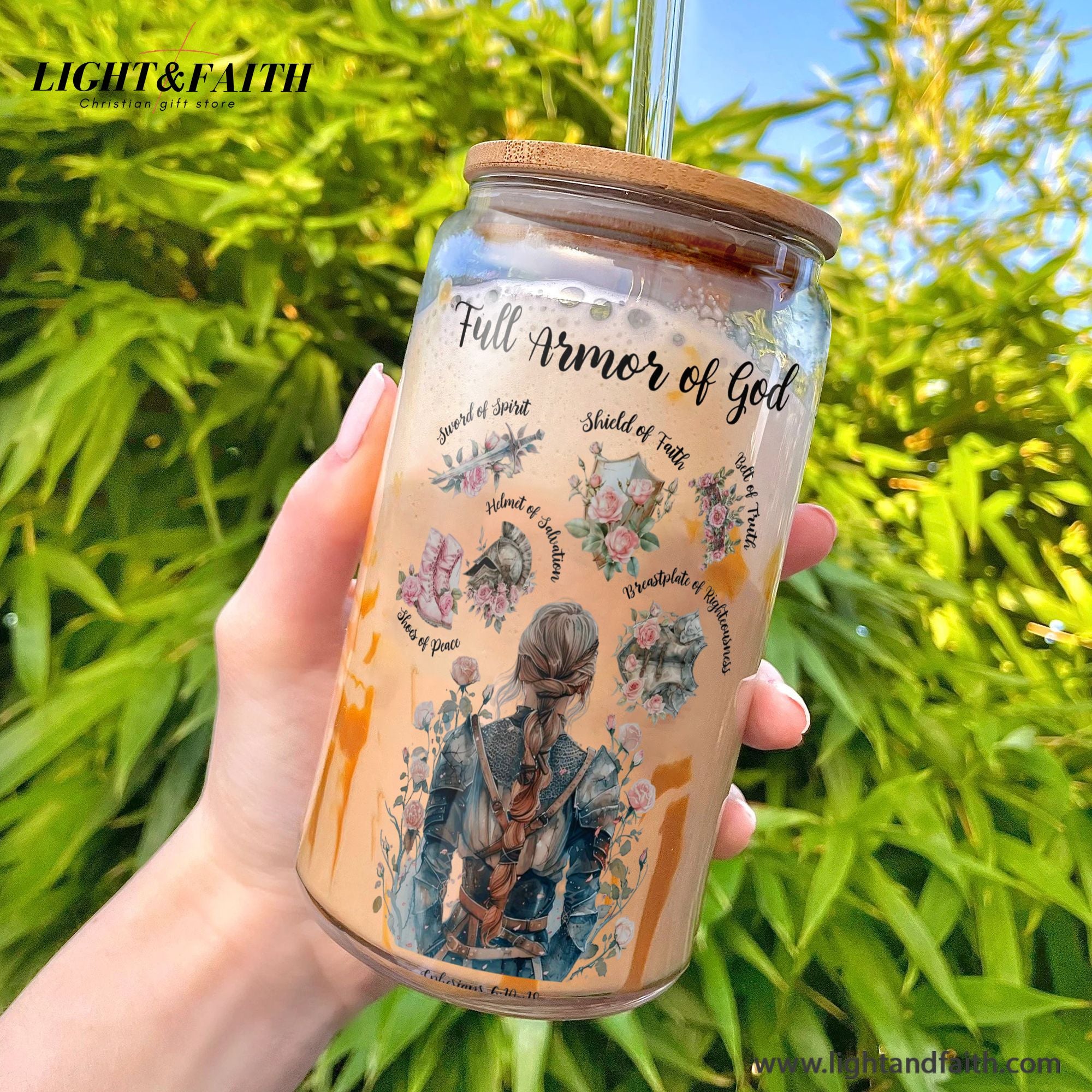 Christian Glass Can with Bamboo Lid and Straw, Full Armor of God Bible Verse Cup, Ephesians 6 Scripture Iced Coffee Tumbler Gift GCLAF41