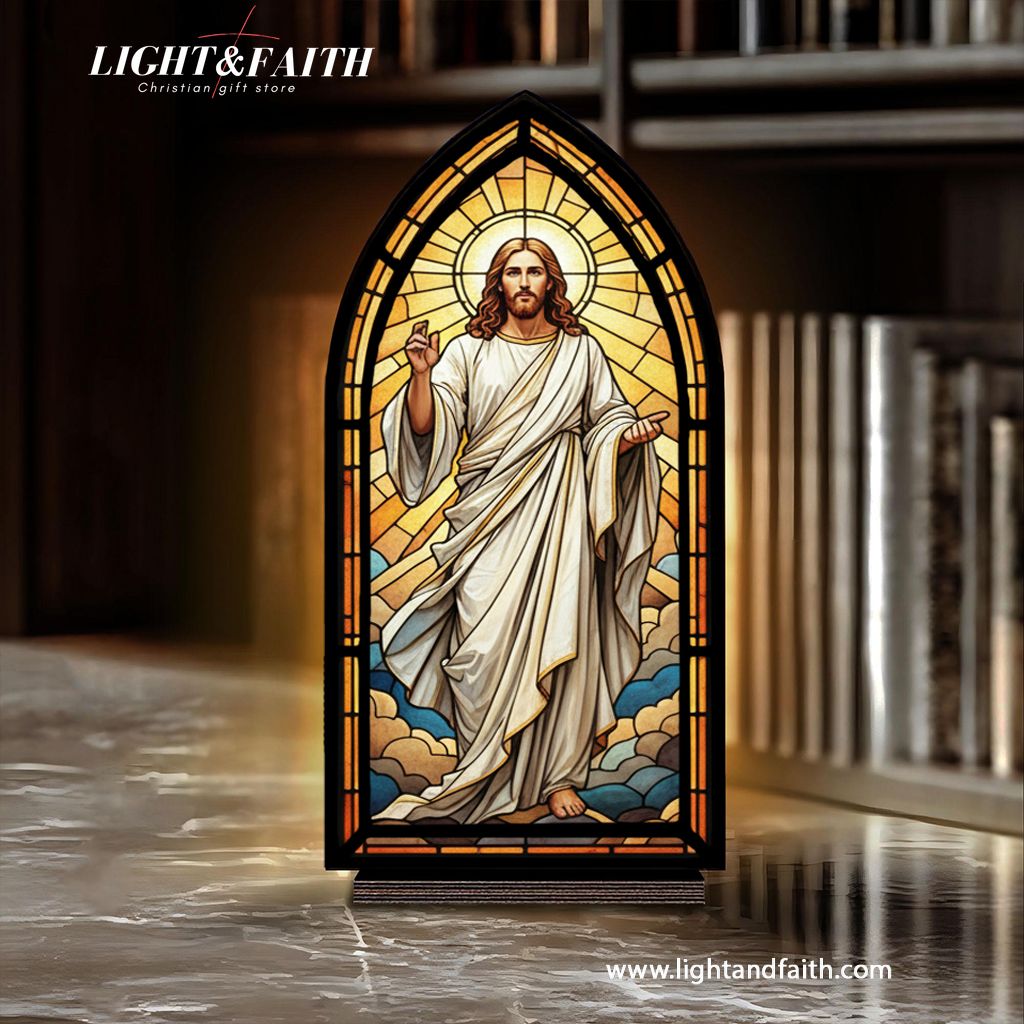 Christian Jesus Resurrection Book Nook Decor, Stained Glass Window Style LED Light, Religious Home Altar Decoration, Easter Faith Gift for Believers BNLAF15
