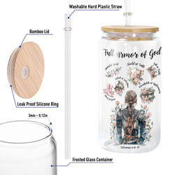 Christian Glass Can with Bamboo Lid and Straw, Full Armor of God Bible Verse Cup, Ephesians 6 Scripture Iced Coffee Tumbler Gift GCLAF41