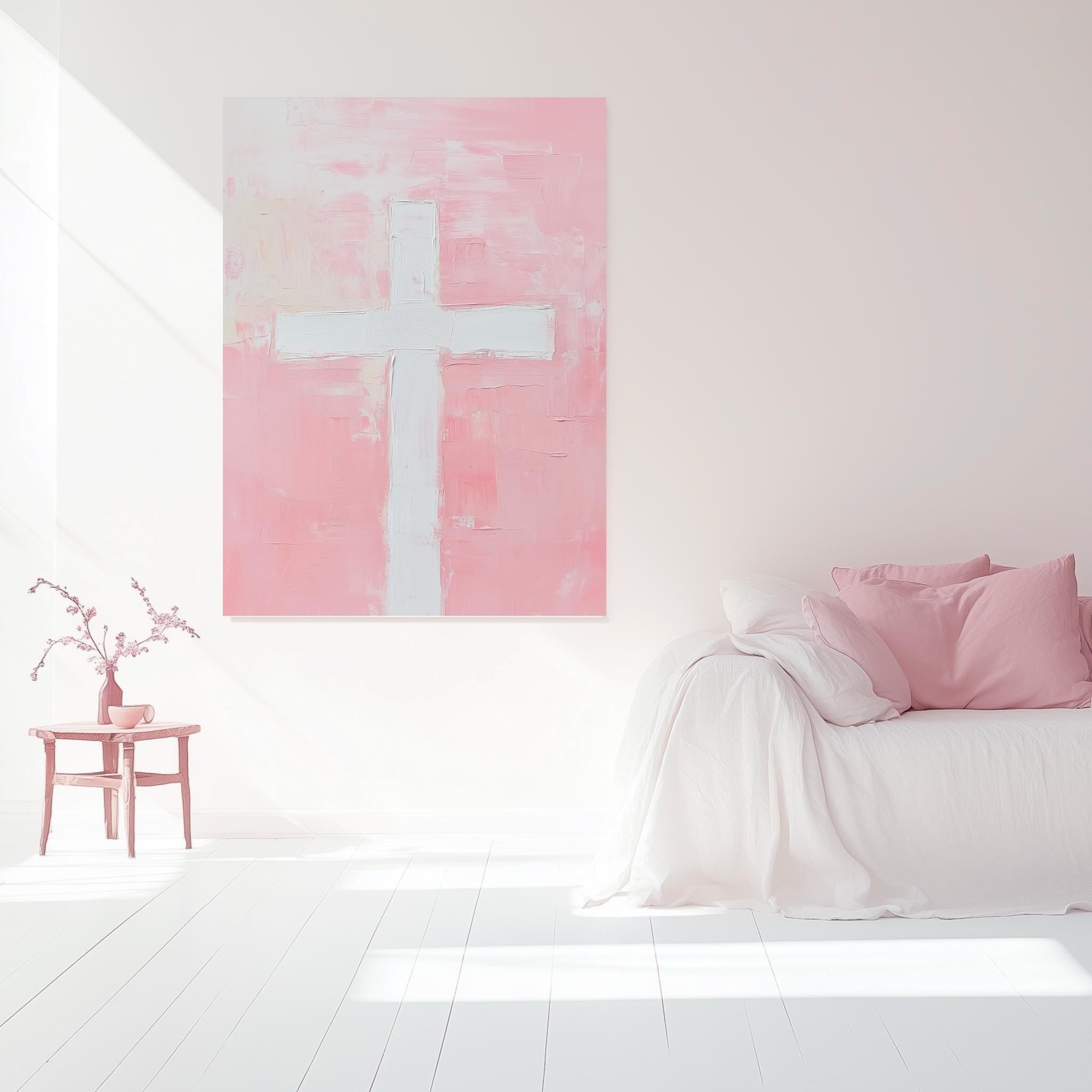 Minimalist Cross Christian Poster, Pink Cross Wall Art, Modern Christian Home Decor, Abstract Jesus Art Print, Light and Faith Gift Idea