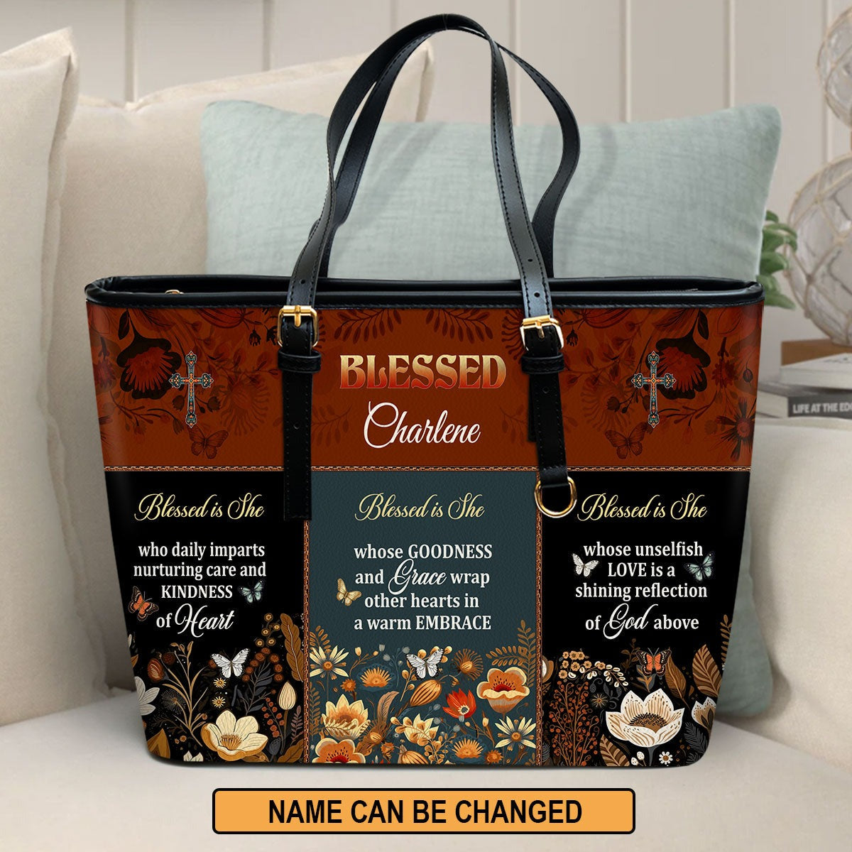 Personalized Christian Leather Handbag, Blessed is She Custom Name Purse, Faith Bible Verse Tote, Religious Gift for Women BLAF27