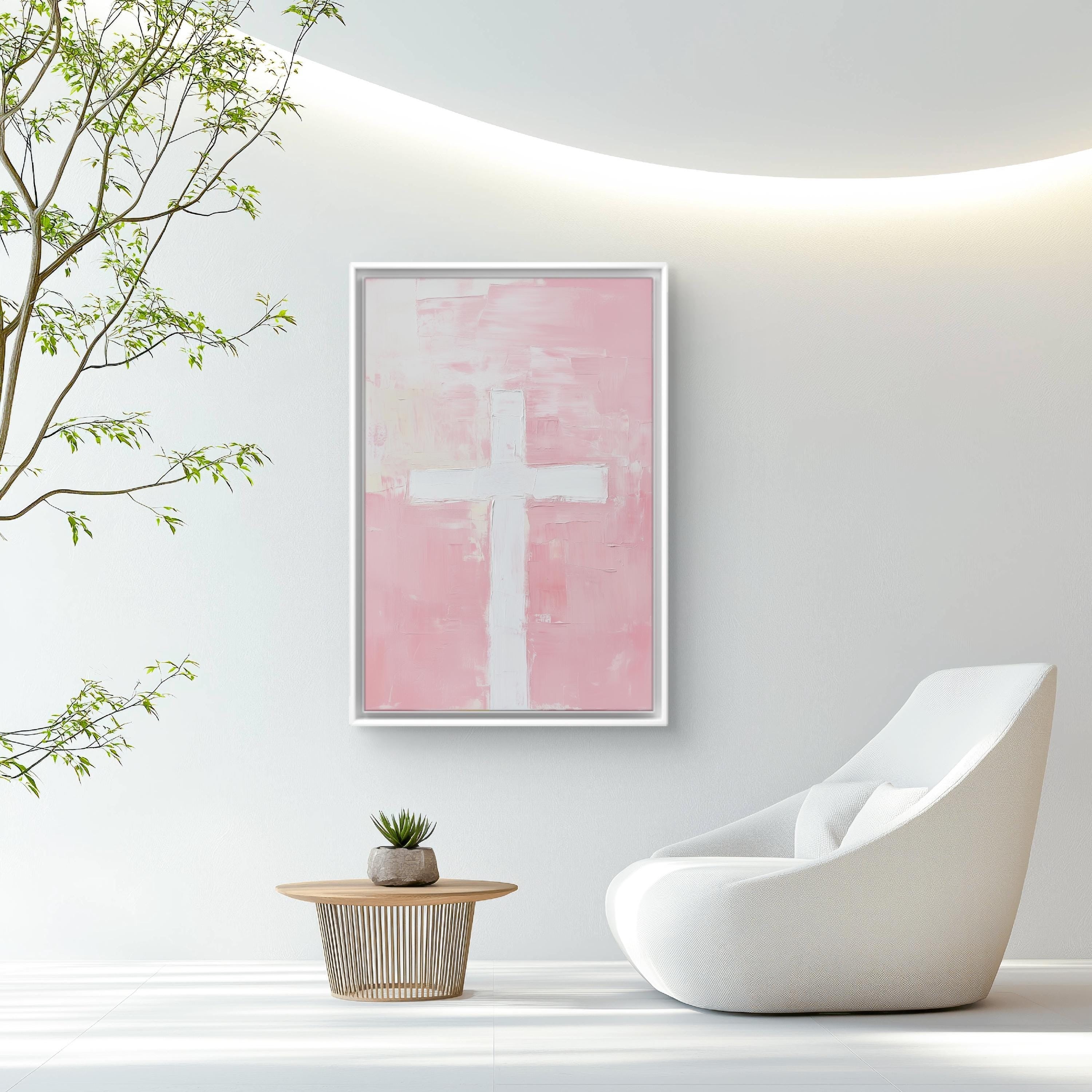 Minimalist Cross Christian Poster, Pink Cross Wall Art, Modern Christian Home Decor, Abstract Jesus Art Print, Light and Faith Gift Idea
