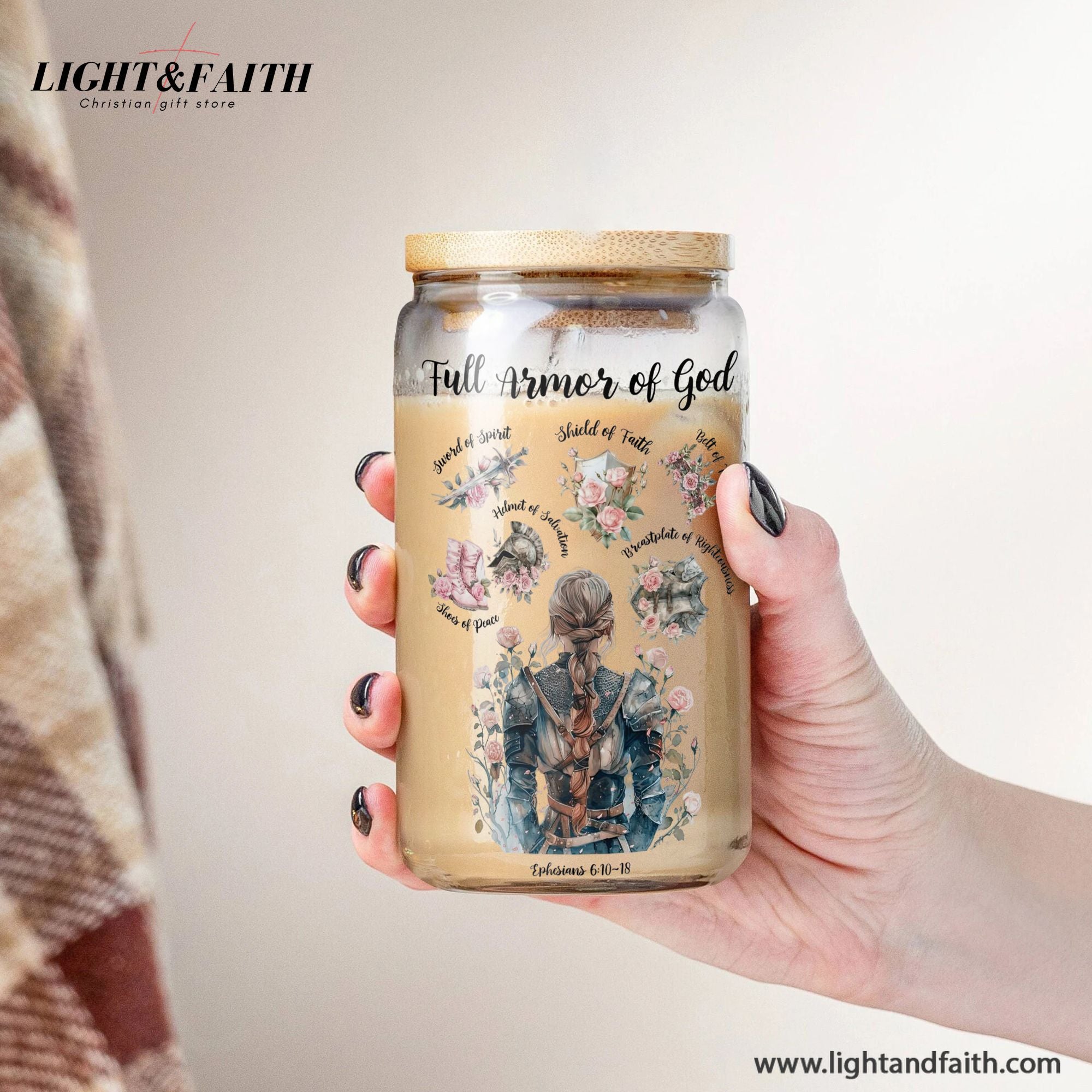 Christian Glass Can with Bamboo Lid and Straw, Full Armor of God Bible Verse Cup, Ephesians 6 Scripture Iced Coffee Tumbler Gift GCLAF41