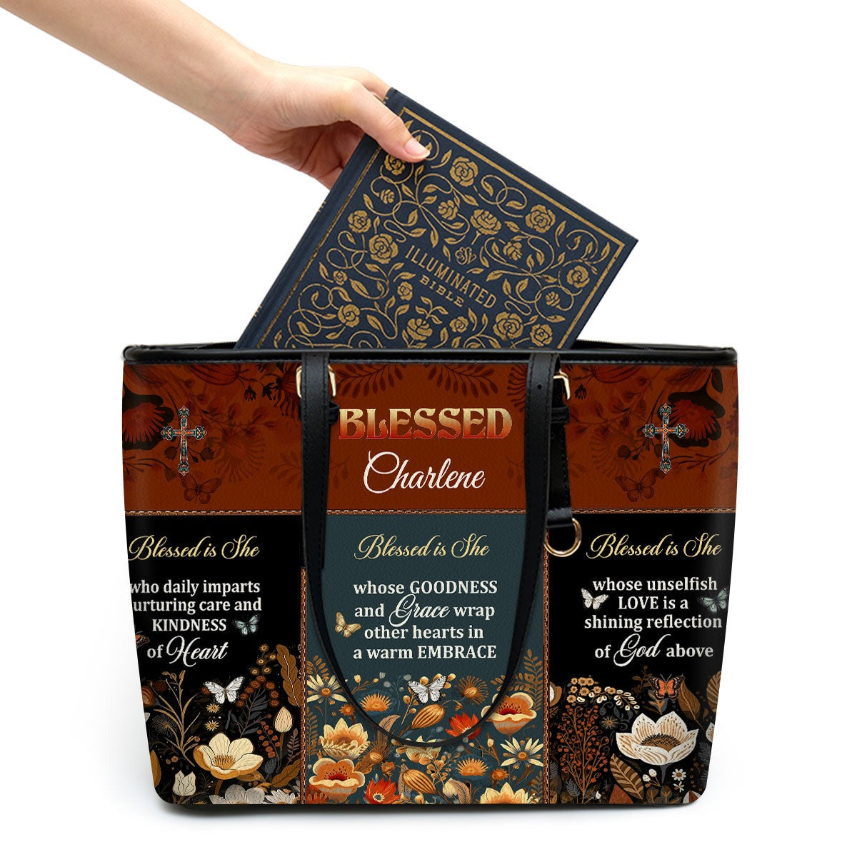 Personalized Christian Leather Handbag, Blessed is She Custom Name Purse, Faith Bible Verse Tote, Religious Gift for Women BLAF27