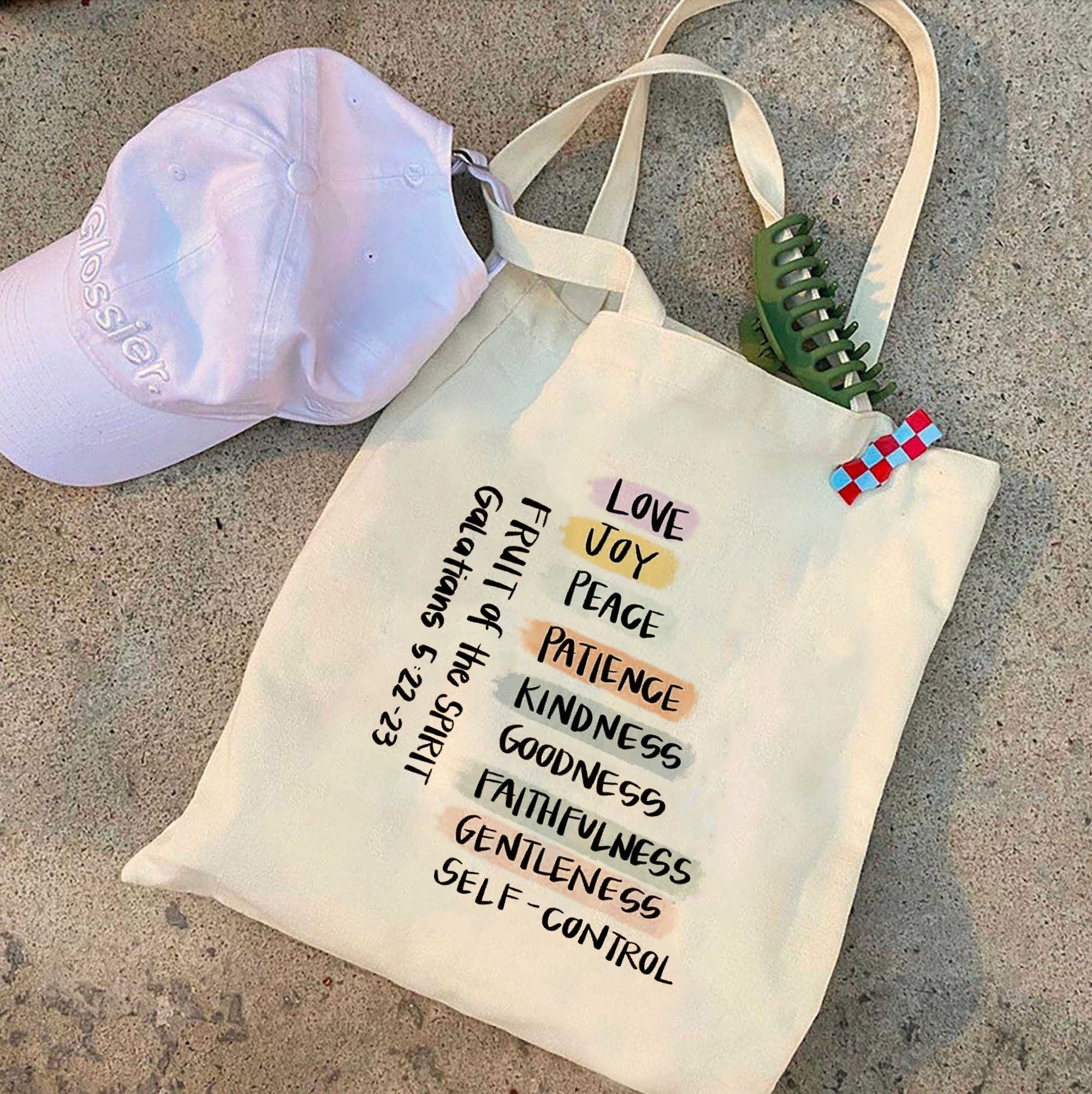 Fruits of the Spirit Christian Tote Bag – Canvas Bible Verse Bag – Faith-Based Gift for Women – Religious Accessories – Galatians 5:22-23 TBLAF16