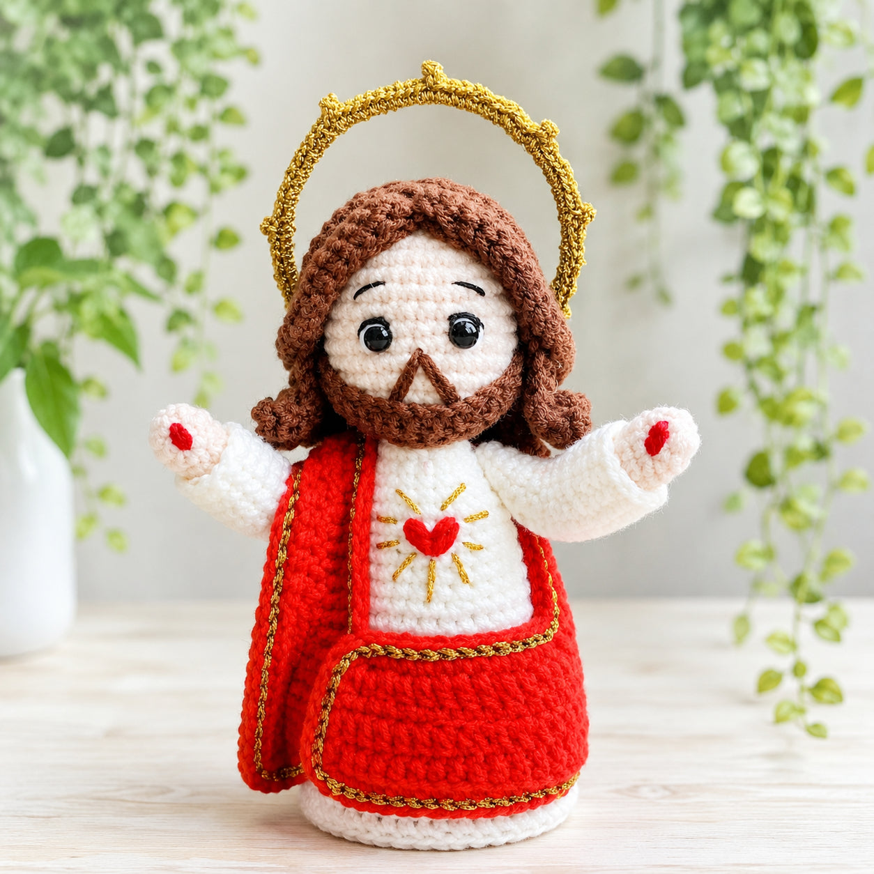 Handmade Sacred Heart Jesus Crochet Doll – Catholic Amigurumi Religious Figurine with Red Robe and Halo, Christian Prayer Corner Decor, First Communion and Baptism Gift Sacrament Keepsake CR11