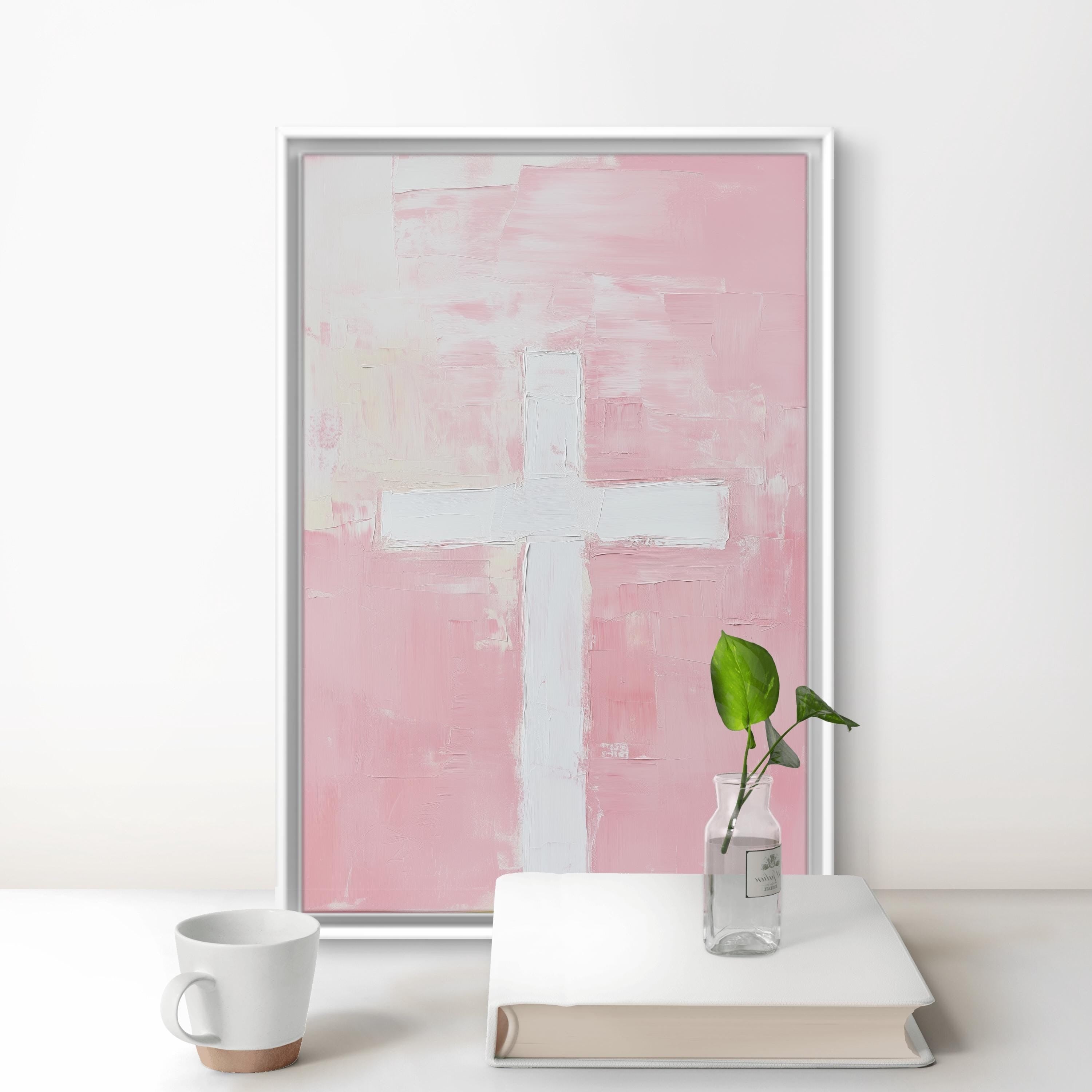 Minimalist Cross Christian Poster, Pink Cross Wall Art, Modern Christian Home Decor, Abstract Jesus Art Print, Light and Faith Gift Idea