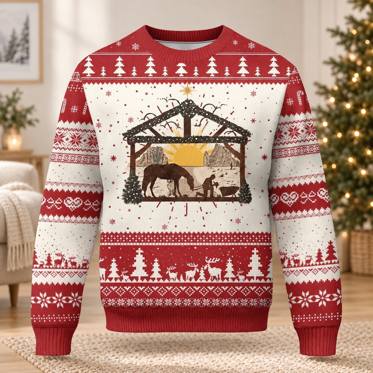 Christmas Nativity Ugly Sweater, Jesus Manger Scene Christian Holiday Sweatshirt, Religious Xmas Pullover Gift XMASUS15