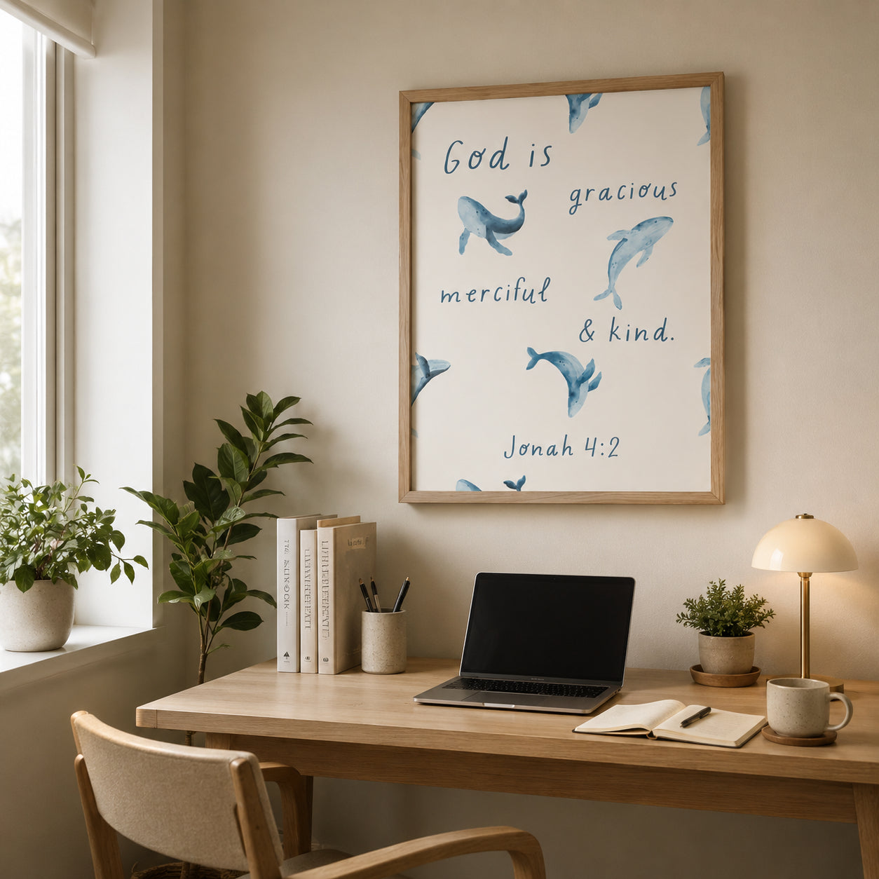 Jonah 4:2 Christian Wall Art, God Is Gracious Merciful and Kind Poster, Watercolor Whale Print, Faith-Based Nursery Decor PTN05