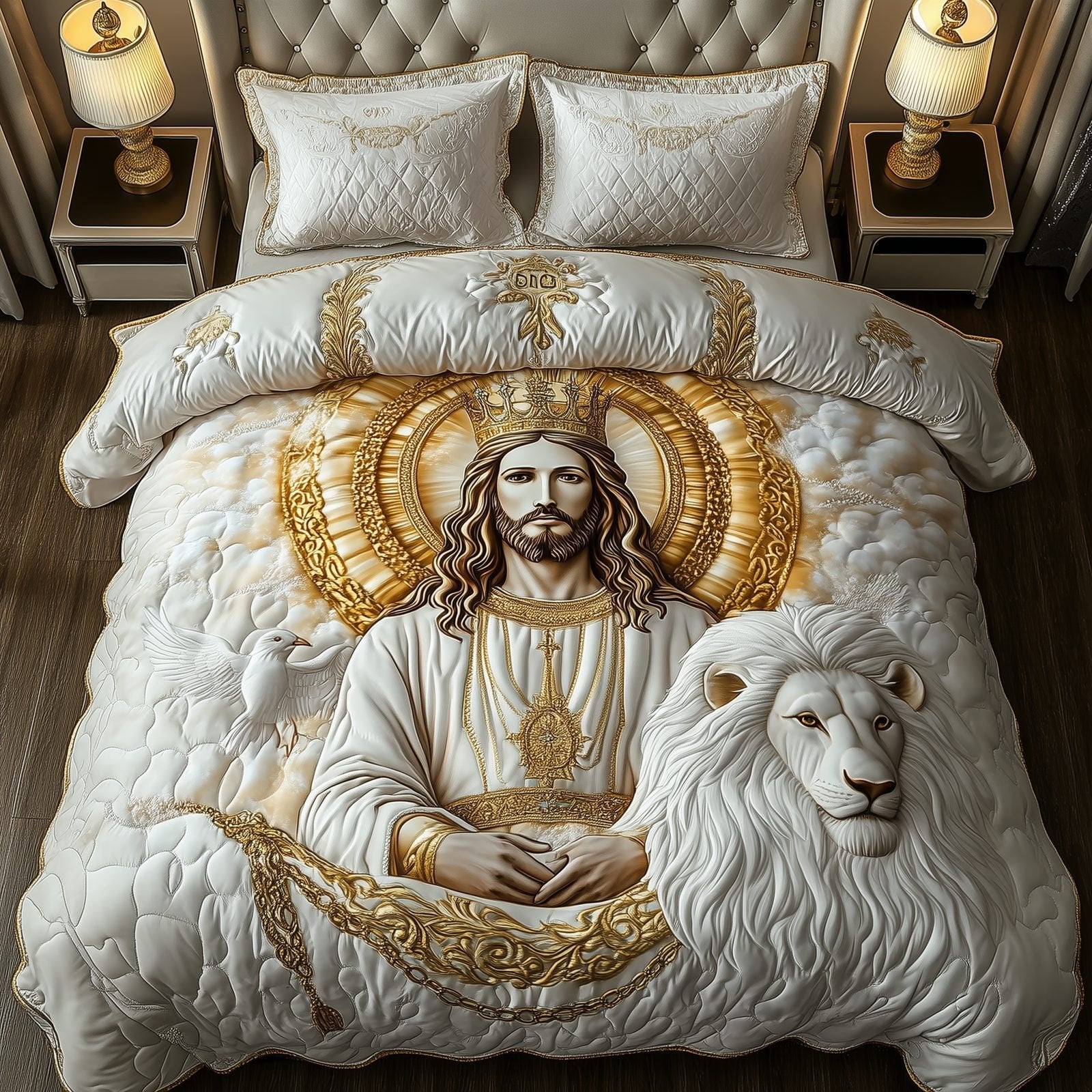 Christ the King Quilted Bedding Set, White and Gold Jesus Lion and Dove Print, Personalized Christian Religious Bedding LAFBED16