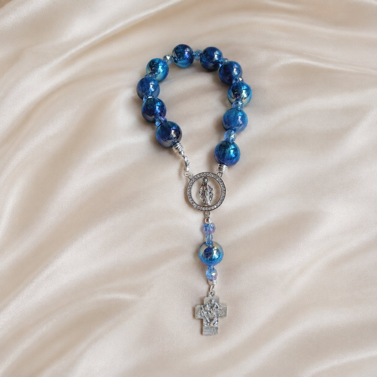 Blue Catholic Rosary Bracelet with Saint Medal and Cross Charm, Prayer Beads Jewelry, Rosary Bracelet Gift For Her VTBR13