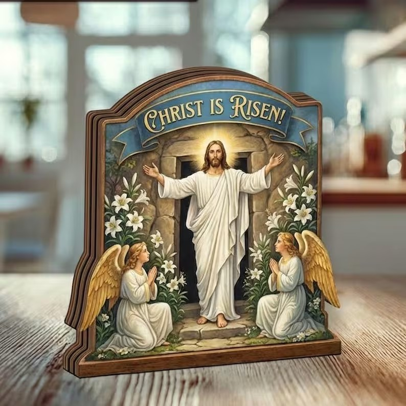 Christ Is Risen Easter Wooden Sign, Resurrection of Jesus Christ Decor, Christian Table Display, Religious Home Al altar Gift