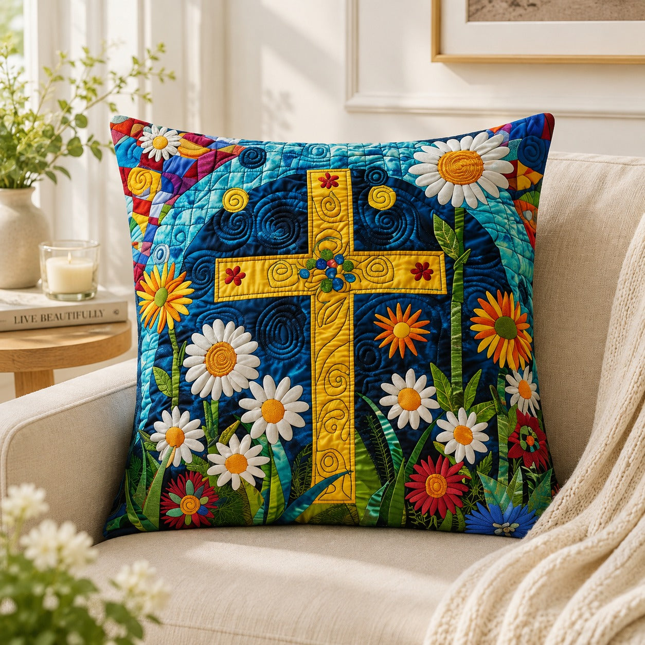 Floral Cross Quilted Pillow Case, Christian Cross Pillow Cover, Colorful Faith Home Decor, Religious Gift, Church Decor QPILLOW14