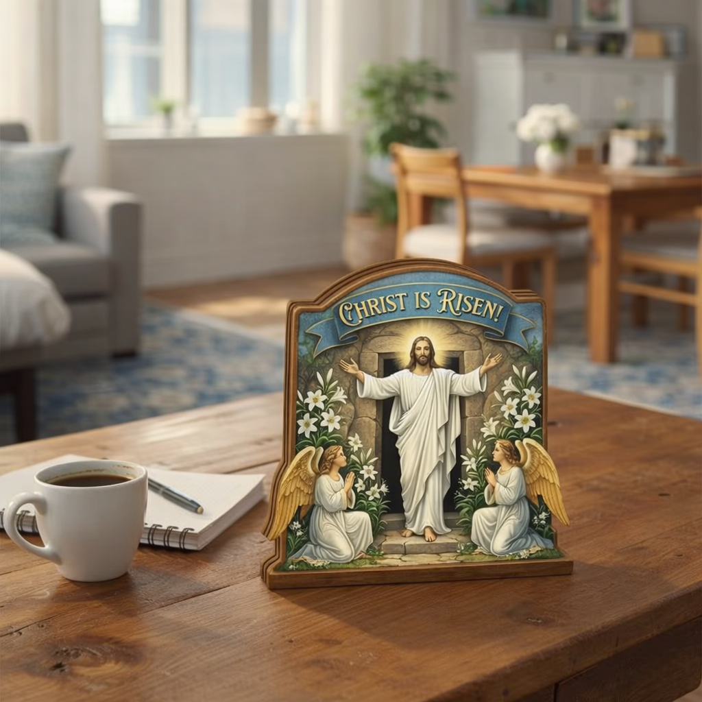 Christ Is Risen Easter Wooden Sign, Resurrection of Jesus Christ Decor, Christian Table Display, Religious Home Al altar Gift