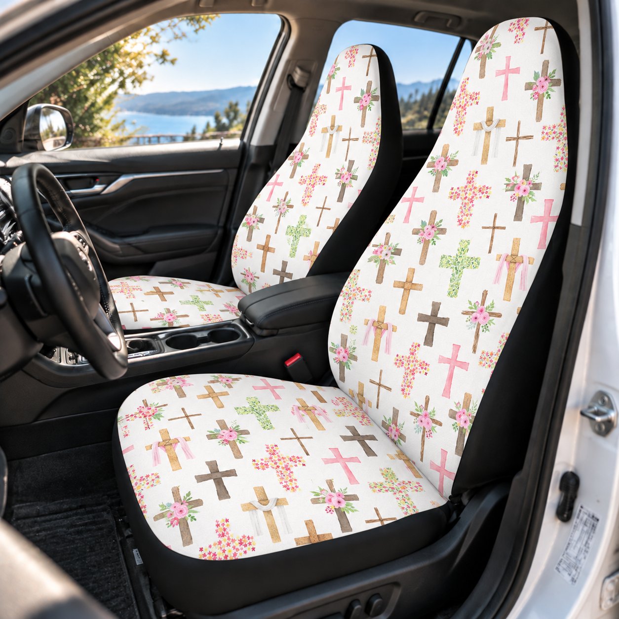 Floral Cross Car Seat Covers, Vintage Christian Auto Seat Cover, Religious Vehicle Accessories, Faith Based Car Decor Gift For Women CARSC15