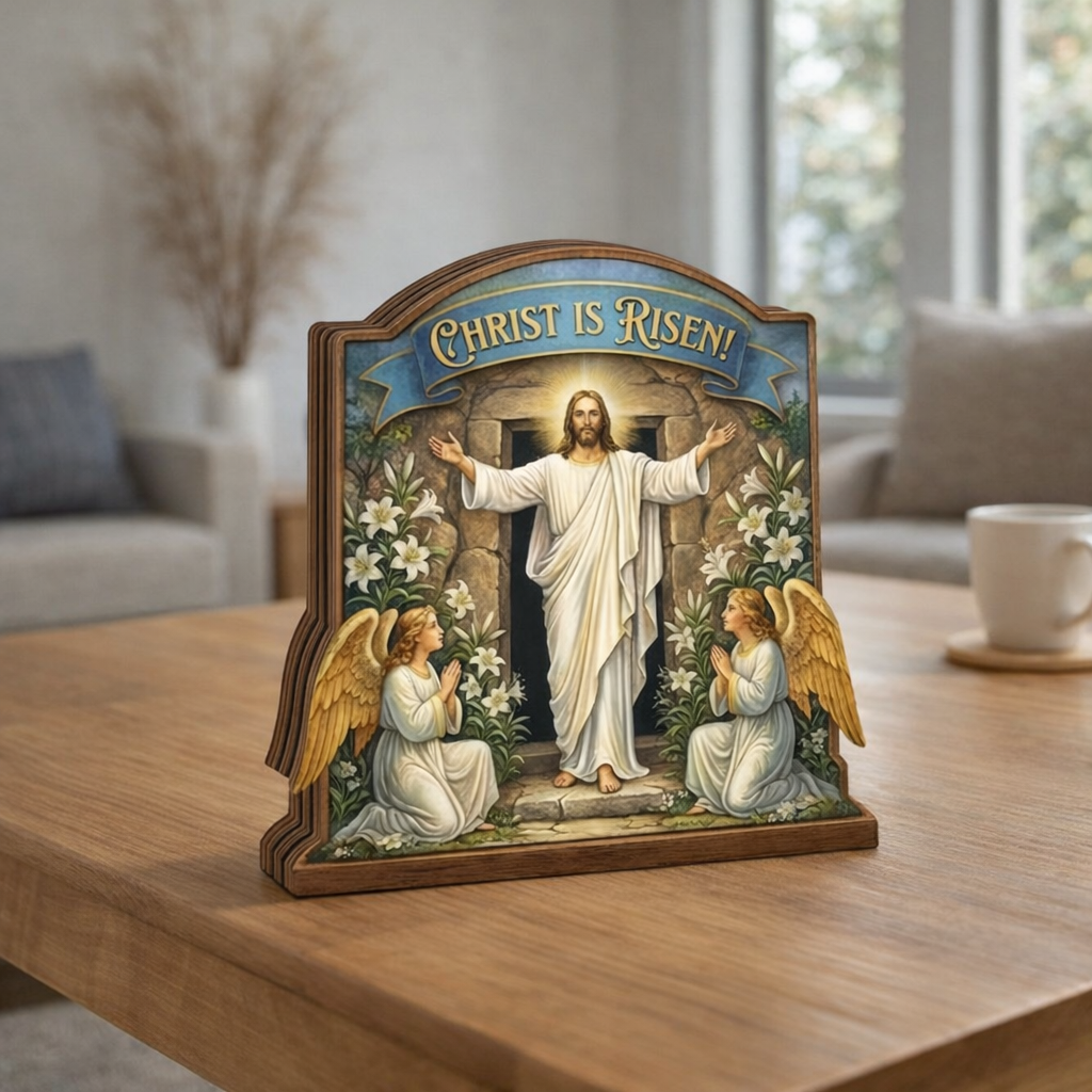 Christ Is Risen Easter Wooden Sign, Resurrection of Jesus Christ Decor, Christian Table Display, Religious Home Al altar Gift