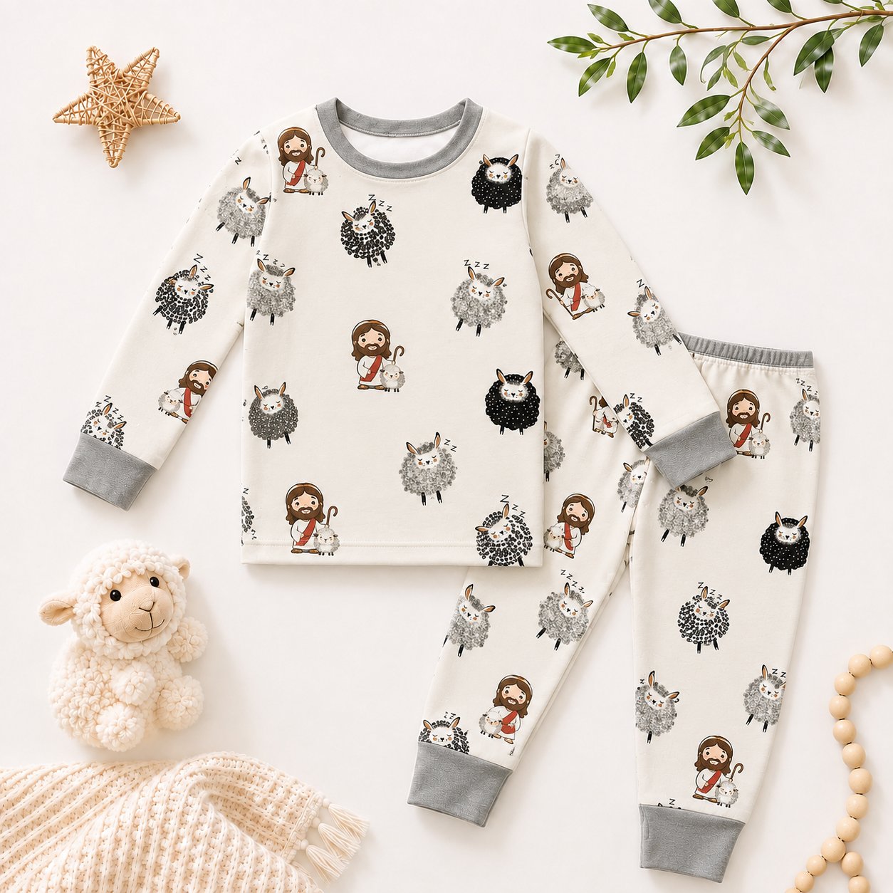 Jesus and Sheep Bamboo Baby Kids Pajamas Set, Good Shepherd Christian PJs, Religious Toddler Sleepwear, Faith Gift for Kids BBPJSS13
