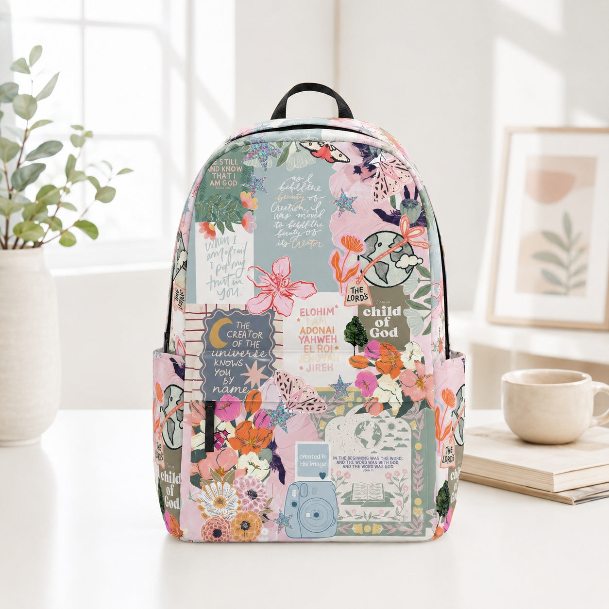 Child of God Floral Backpack, Christian Creation Bible Verse School Bag, Bible Verse Backpack, Religious Book Bag, Back to School Christian Gift, Kid Adult Travel Backpack PLAF84