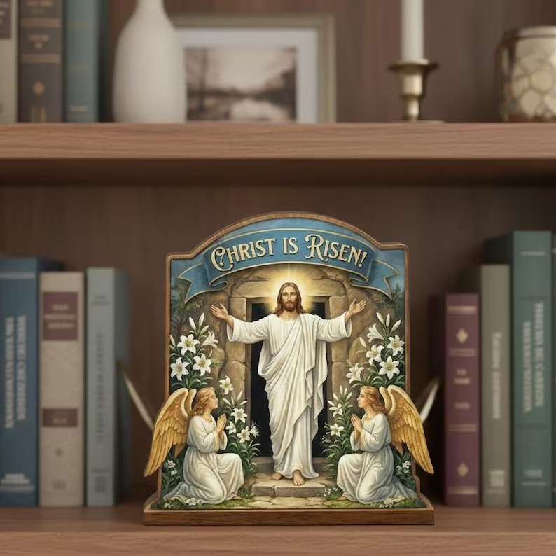 Christ Is Risen Easter Wooden Sign, Resurrection of Jesus Christ Decor, Christian Table Display, Religious Home Al altar Gift