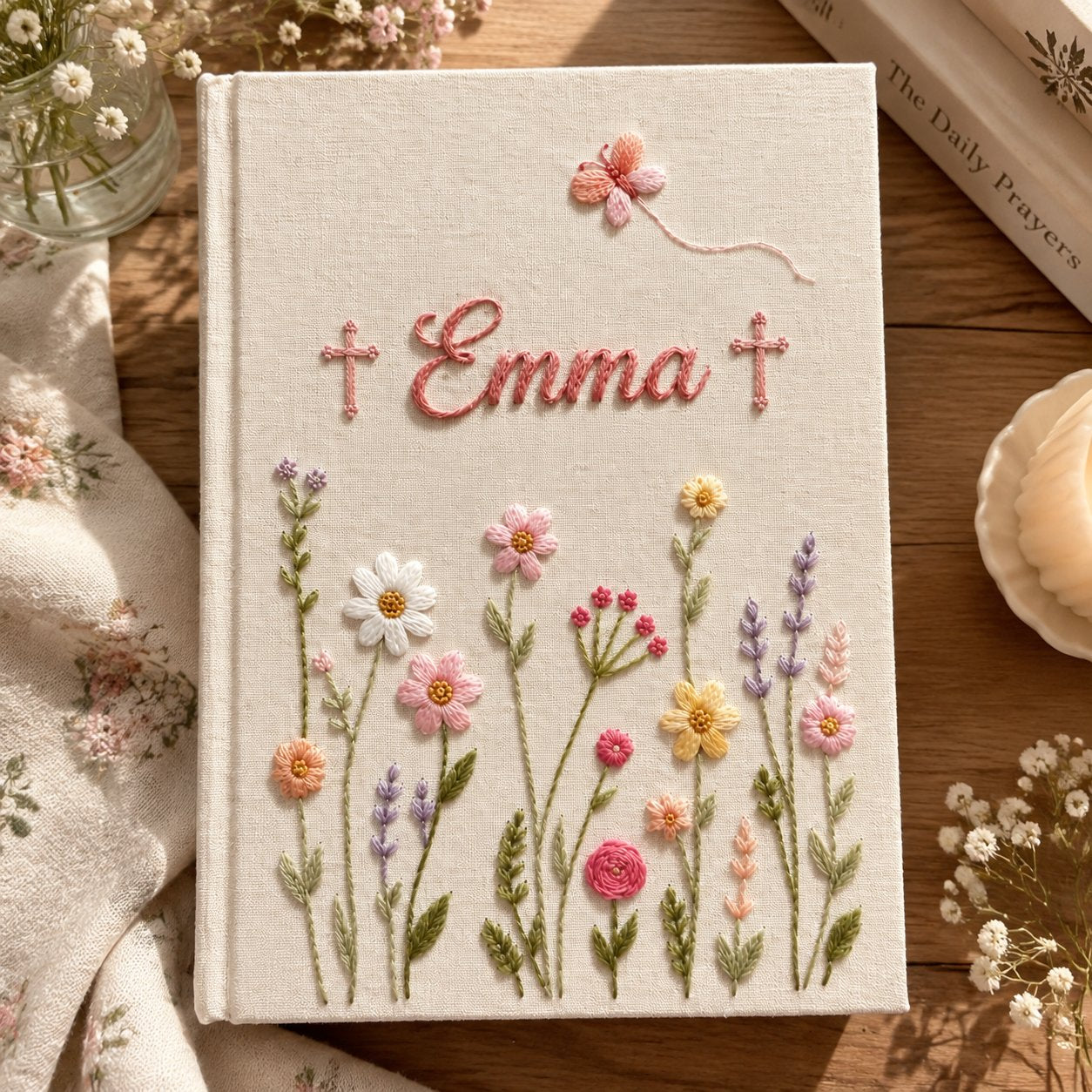 Personalized Christian Embroidery Notebook, Emma Name Bible Journal, Floral Cross Linen Journal, Handmade Prayer Notebook, Faith Gift NB17