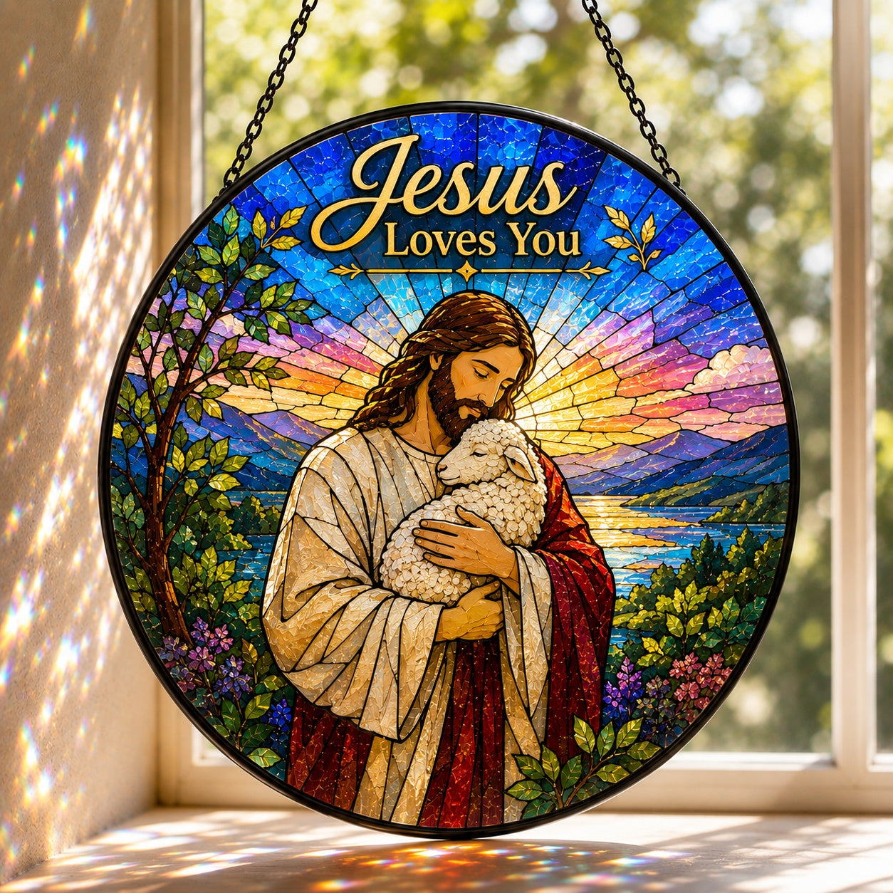 Jesus Loves You Stained Glass Suncatcher – Jesus Holding Lamb Christian Window Hanging, Religious Faith Home Decor Gift GLASS15