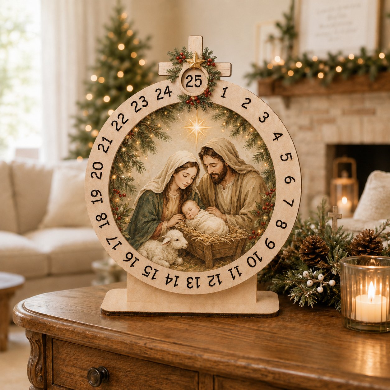 Wooden Holy Family Advent Calendar, Nativity Scene Wooden Sign, Custom Tabletop Religious Gift, Spinning Wheel Christmas Countdown Decor, Religious Christian Christmas Gift XMASW11