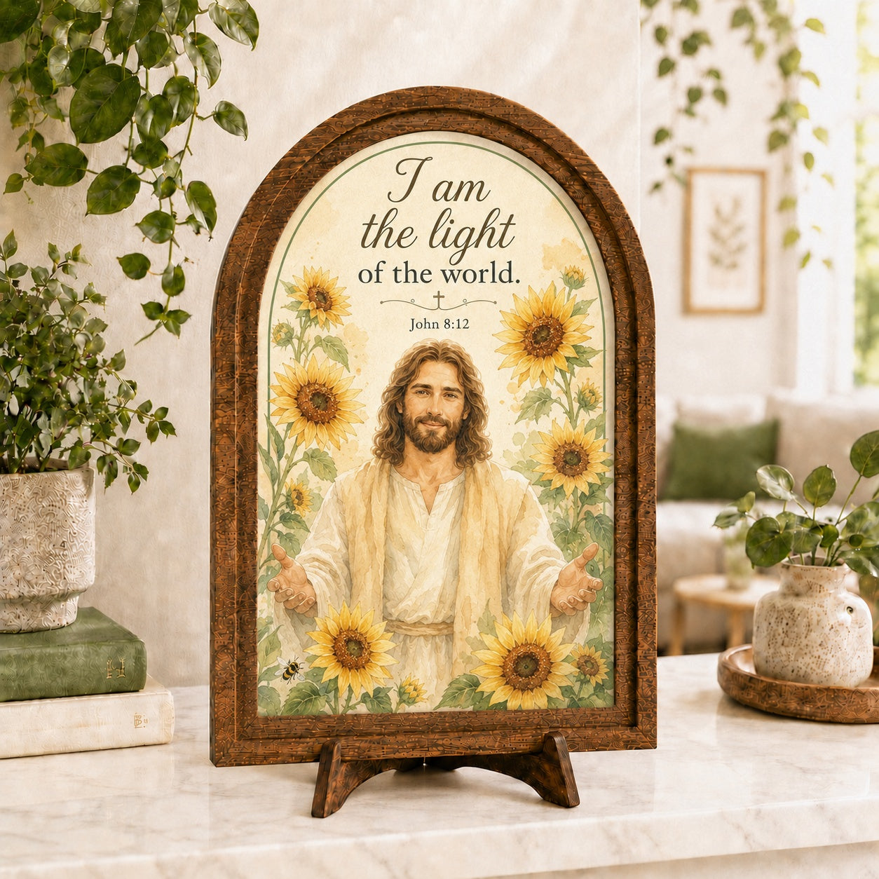 I Am The Light Wood Framed Sign, Jesus Sunflower Quotes Sign, Religious Tabletop Decor WS15
