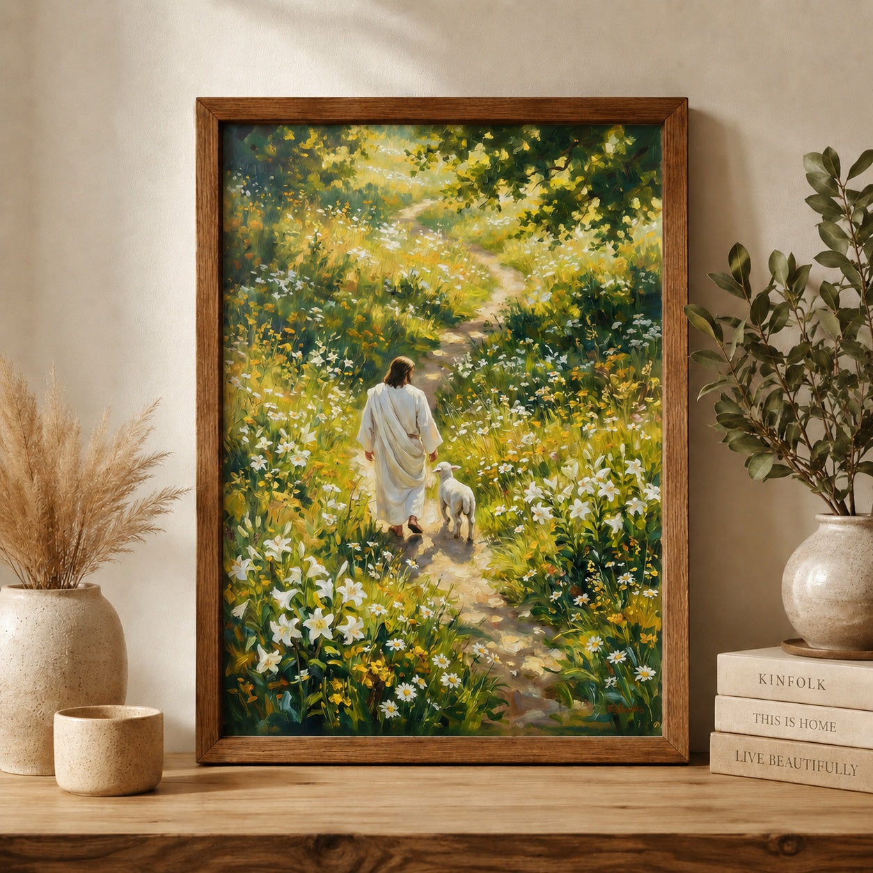 Jesus Walking with Lamb Poster, Christian Wall Art Print, Good Shepherd Religious Decor, Bible Inspired Faith Gift, Floral Meadow Wall Art PTS15