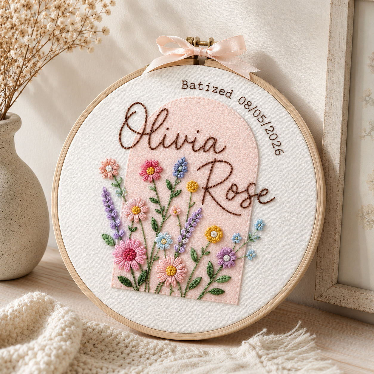 Personalized Hand Embroidered Baptism Hoop Art, Wildflower With Felt Hoop, Christian Faith Keepsake, Christian Hoop Art, Nursery Gift EHA43