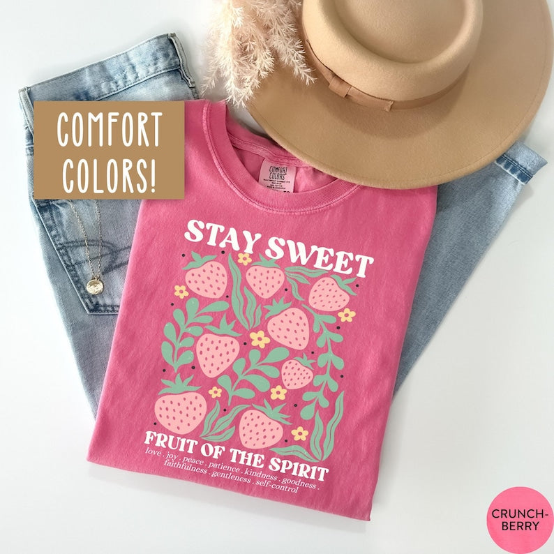 Boho Christian Strawberry Shirt, Fruits of the Spirit Bible Verse Shirt, Retro Jesus Apparel Cottagecore Top Floral Comfort Colors Graphic Tee CFS15
