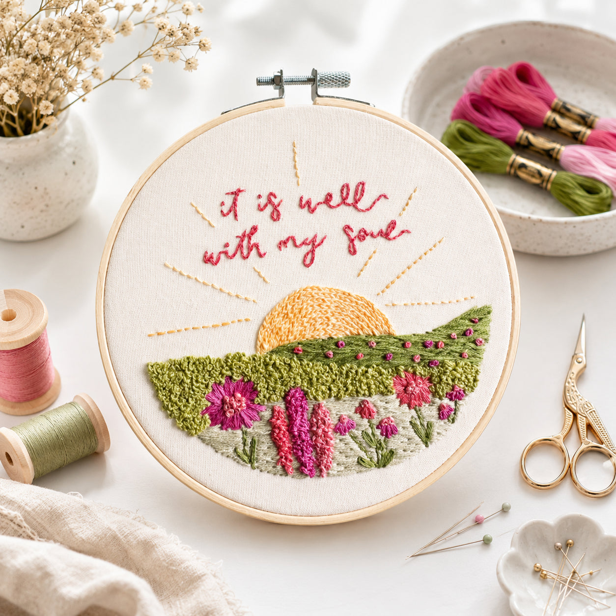 Floral Sunset Landscape Embroidery Hoop Art, Christian Bible Flower Embroidery Hoop Art, Wall Decor, Hand Embroidered Flower Wreath, Wheatear Embroidery Hoop EH07