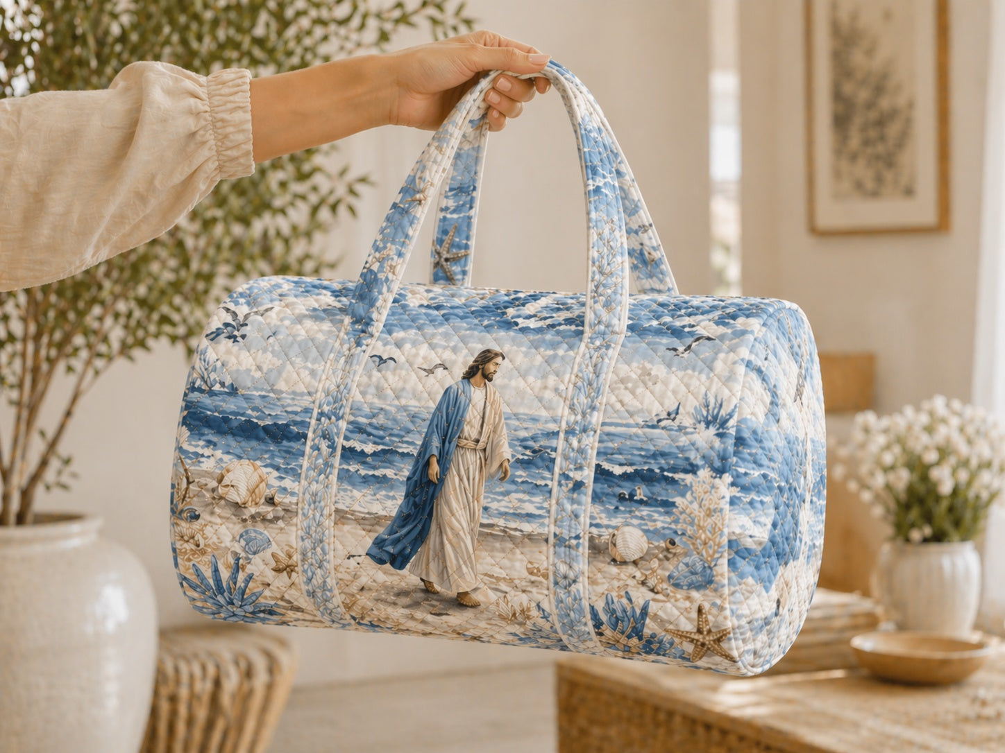 Jesus Beach Quilted Duffle Bag, Jesus Ocean Faith Weekender Travel Bag, Beach Duffle Bag, Jesus With Sheep Travel Overnight Bag, Religious Quilted Bag Gift QDB15