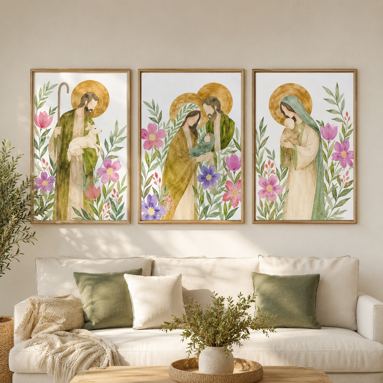 Set of 3 Holy Family Poster, Jesus Mary and Joseph Floral Print, Catholic Holy Family, Christian Religious Artwork for Prayer Room and Living Room PTSETA14