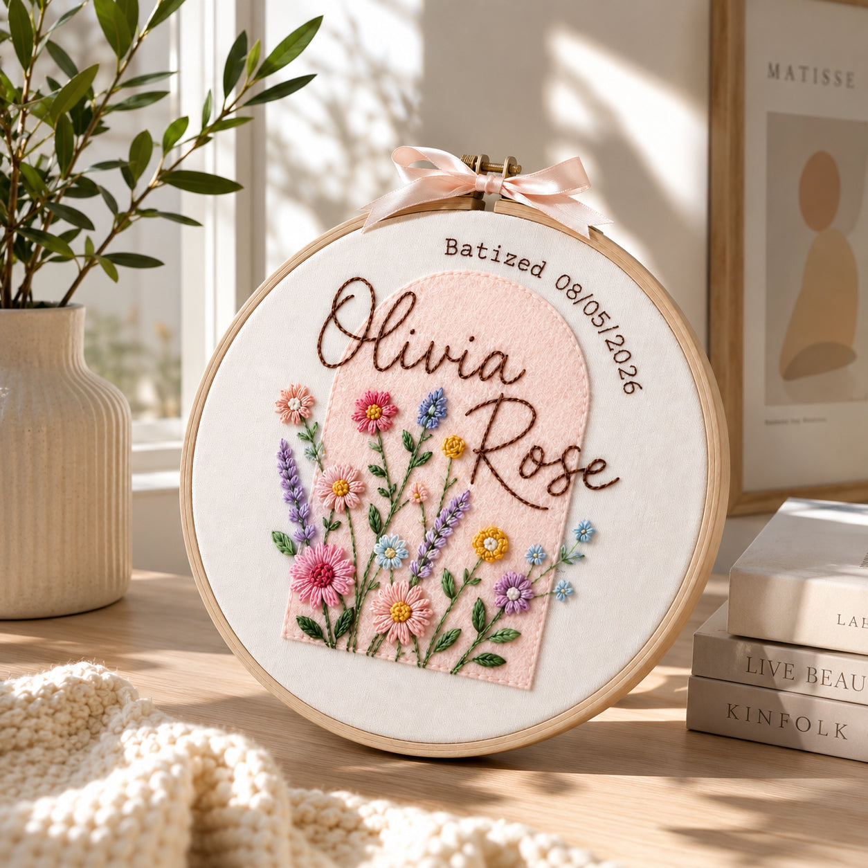 Personalized Hand Embroidered Baptism Hoop Art, Wildflower With Felt Hoop, Christian Faith Keepsake, Christian Hoop Art, Nursery Gift EHA43