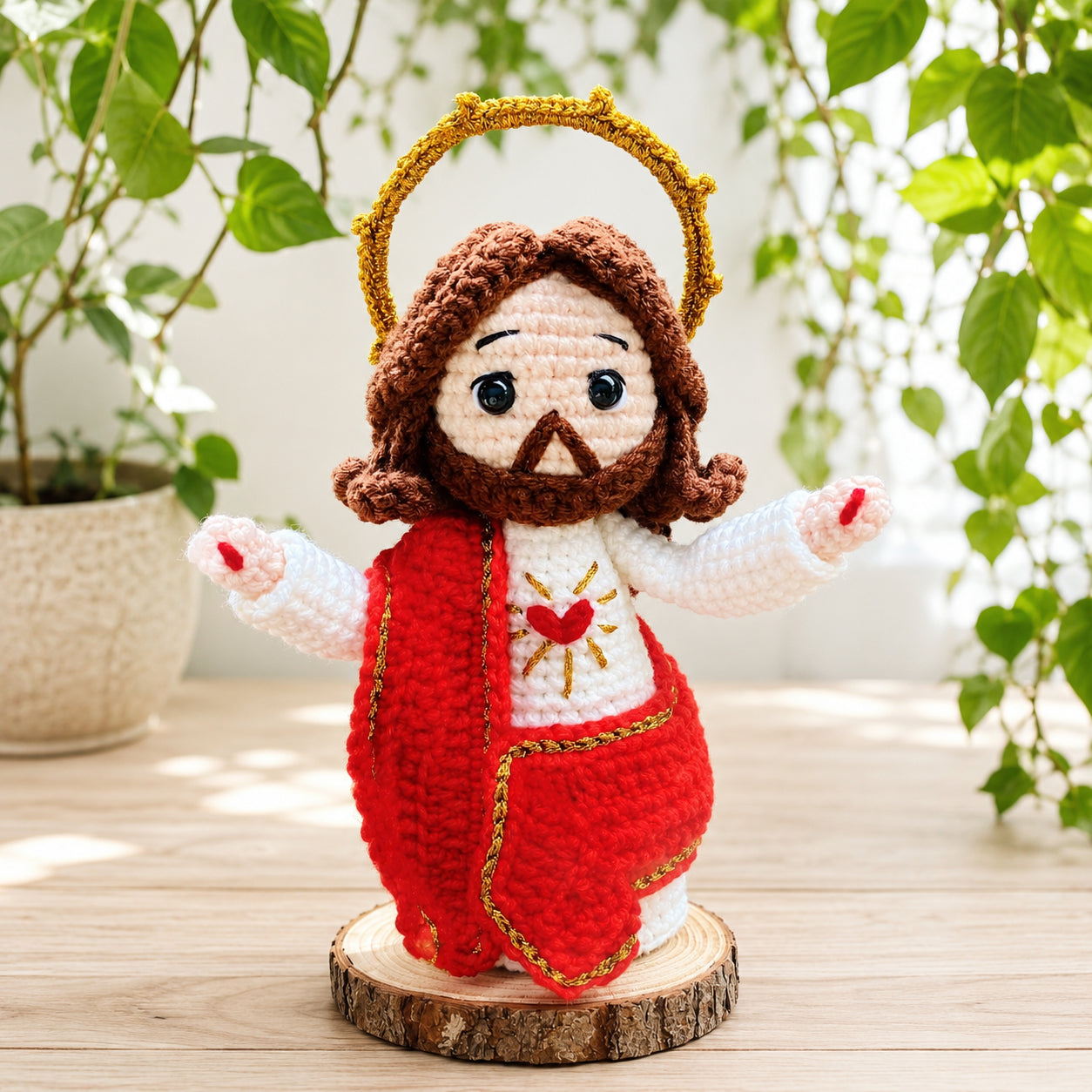 Handmade Sacred Heart Jesus Crochet Doll – Catholic Amigurumi Religious Figurine with Red Robe and Halo, Christian Prayer Corner Decor, First Communion and Baptism Gift Sacrament Keepsake CR11