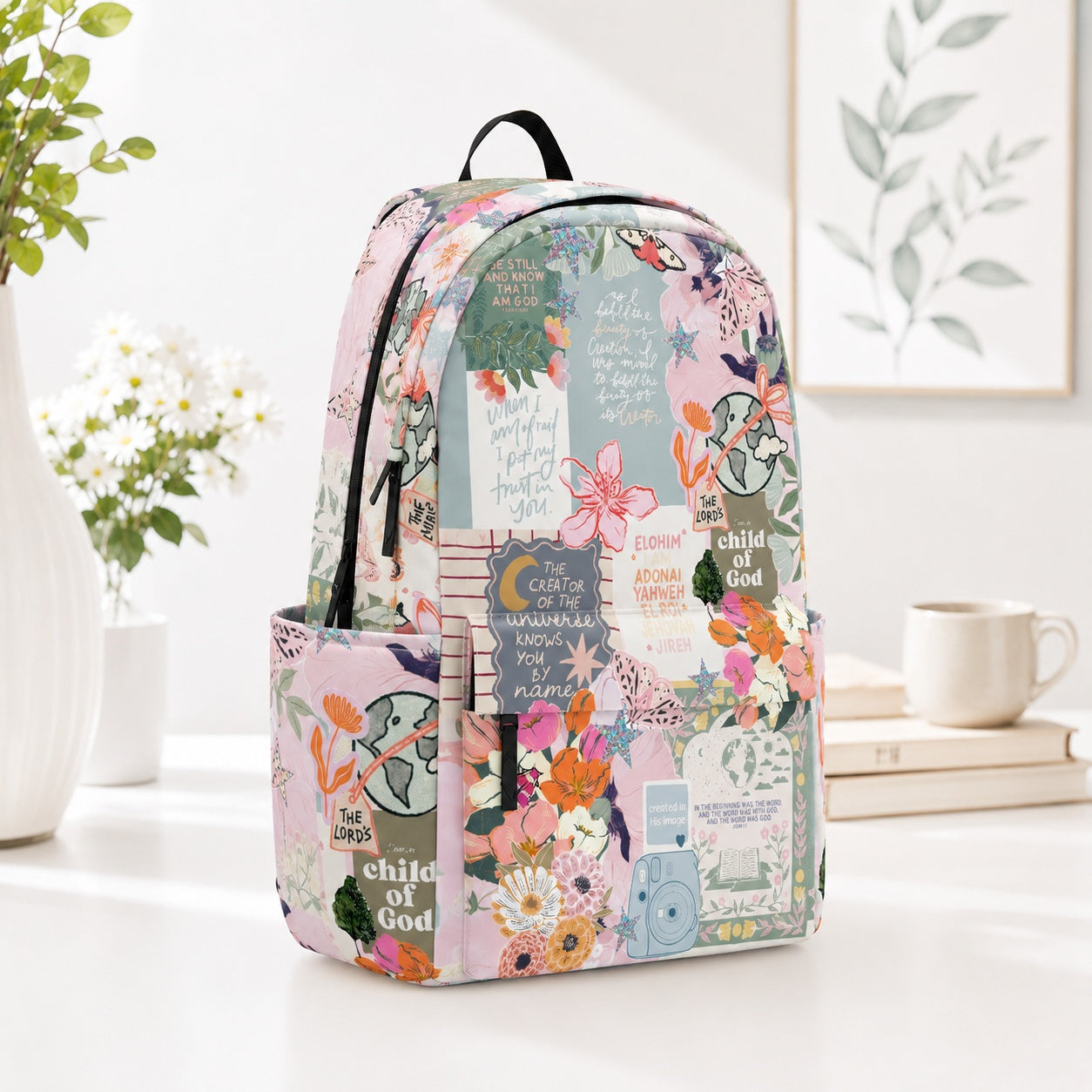 Child of God Floral Backpack, Christian Creation Bible Verse School Bag, Bible Verse Backpack, Religious Book Bag, Back to School Christian Gift, Kid Adult Travel Backpack PLAF84