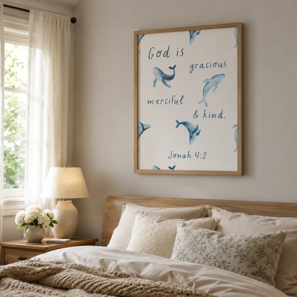 Jonah 4:2 Christian Wall Art, God Is Gracious Merciful and Kind Poster, Watercolor Whale Print, Faith-Based Nursery Decor PTN05