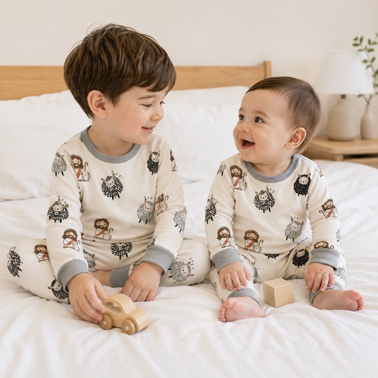 Jesus and Sheep Bamboo Baby Kids Pajamas Set, Good Shepherd Christian PJs, Religious Toddler Sleepwear, Faith Gift for Kids BBPJSS13