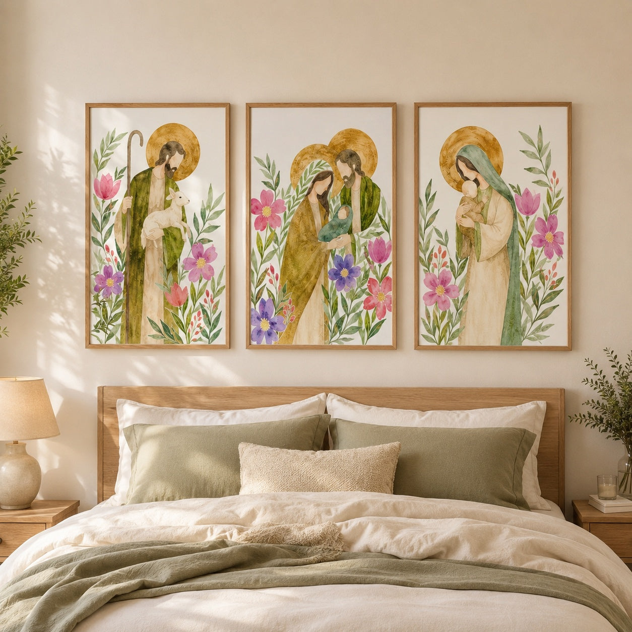 Set of 3 Holy Family Poster, Jesus Mary and Joseph Floral Print, Catholic Holy Family, Christian Religious Artwork for Prayer Room and Living Room PTSETA14