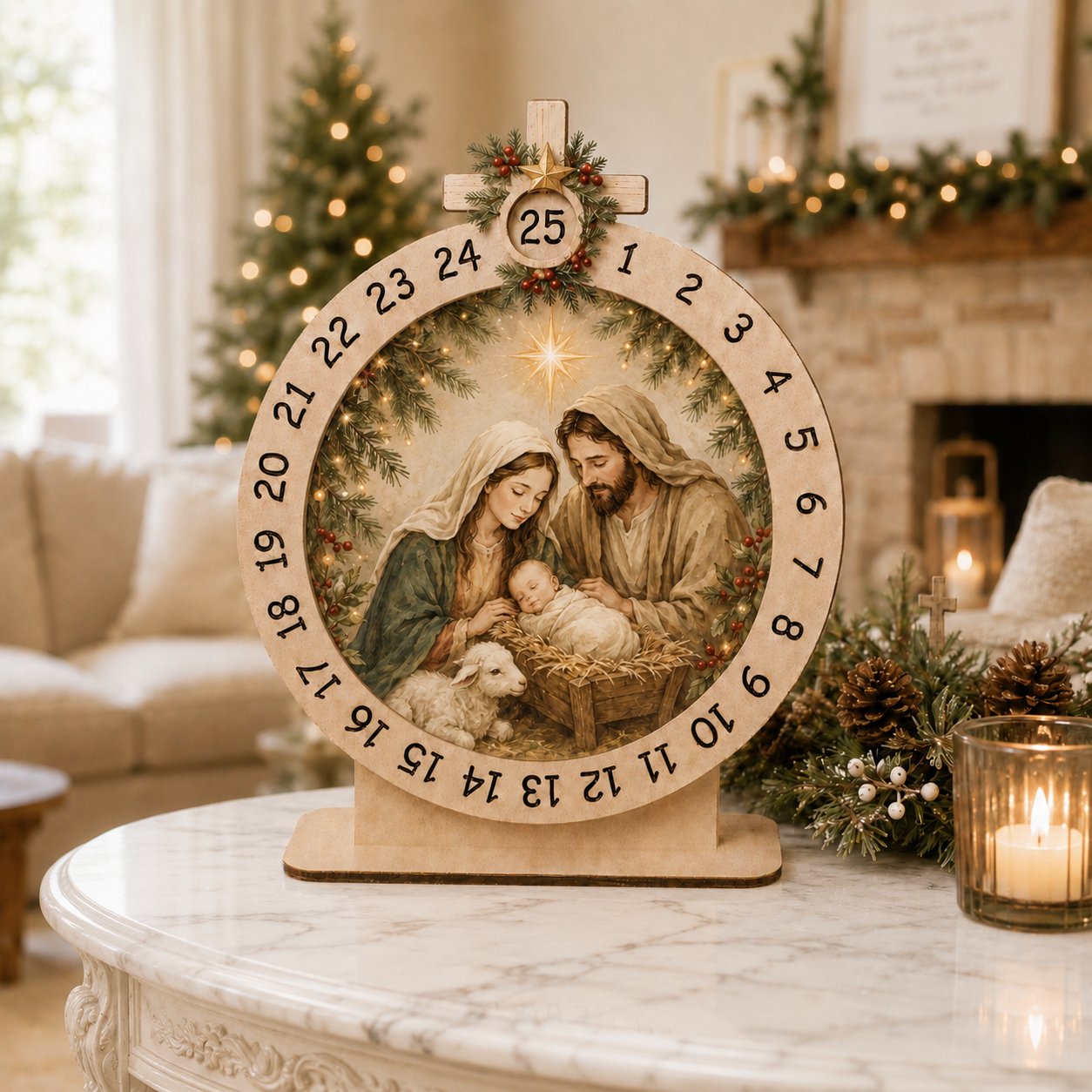 Wooden Holy Family Advent Calendar, Nativity Scene Wooden Sign, Custom Tabletop Religious Gift, Spinning Wheel Christmas Countdown Decor, Religious Christian Christmas Gift XMASW11