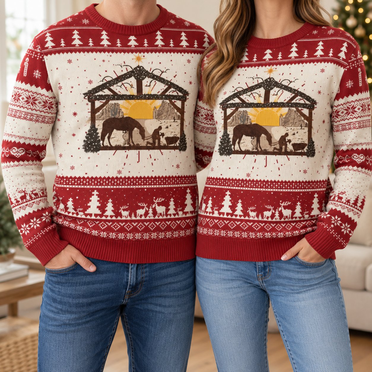 Christmas Nativity Ugly Sweater, Jesus Manger Scene Christian Holiday Sweatshirt, Religious Xmas Pullover Gift XMASUS15