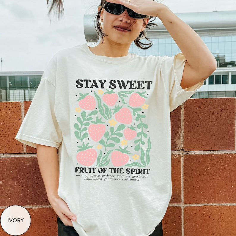 Boho Christian Strawberry Shirt, Fruits of the Spirit Bible Verse Shirt, Retro Jesus Apparel Cottagecore Top Floral Comfort Colors Graphic Tee CFS15