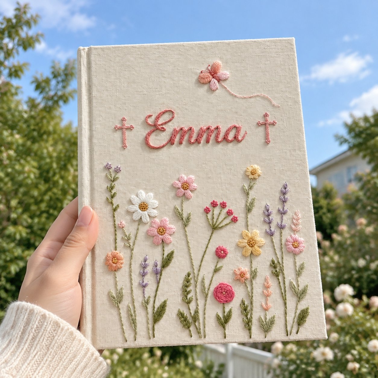 Personalized Christian Embroidery Notebook, Emma Name Bible Journal, Floral Cross Linen Journal, Handmade Prayer Notebook, Faith Gift NB17