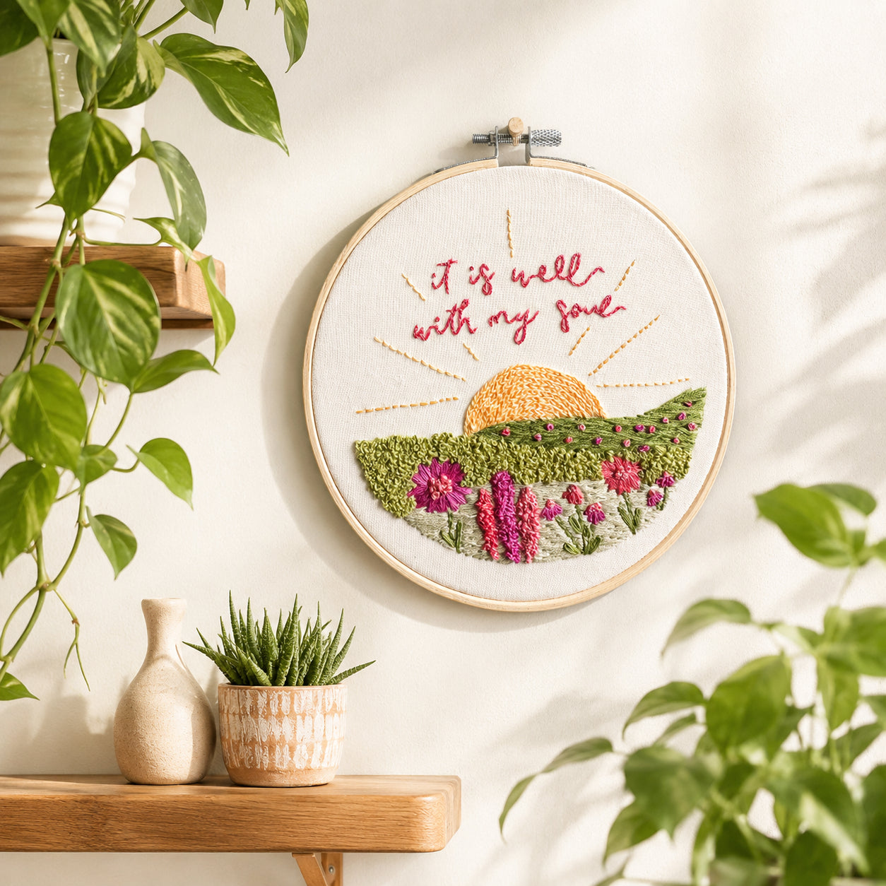 Floral Sunset Landscape Embroidery Hoop Art, Christian Bible Flower Embroidery Hoop Art, Wall Decor, Hand Embroidered Flower Wreath, Wheatear Embroidery Hoop EH07