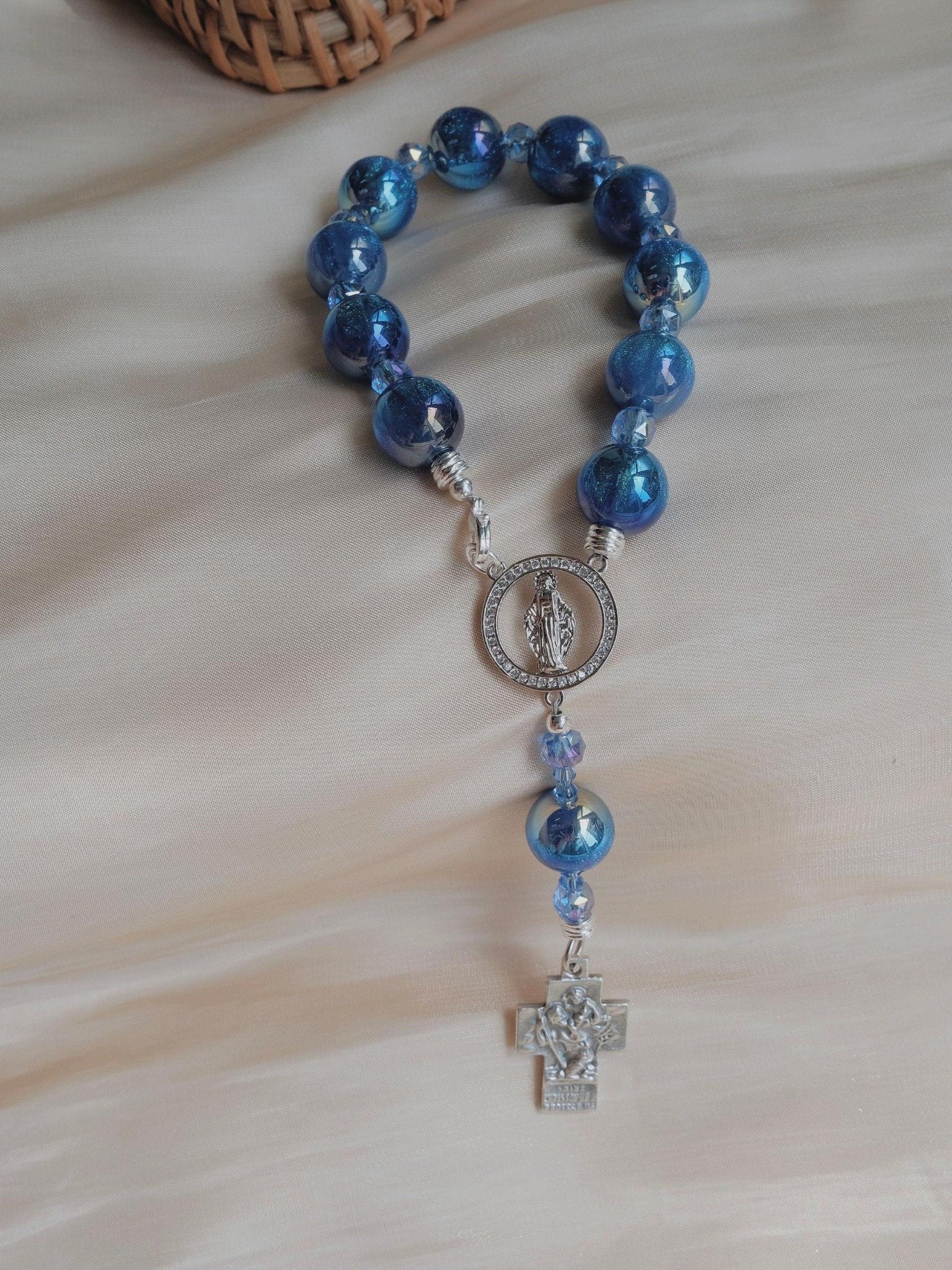 Blue Catholic Rosary Bracelet with Saint Medal and Cross Charm, Prayer Beads Jewelry, Rosary Bracelet Gift For Her VTBR13