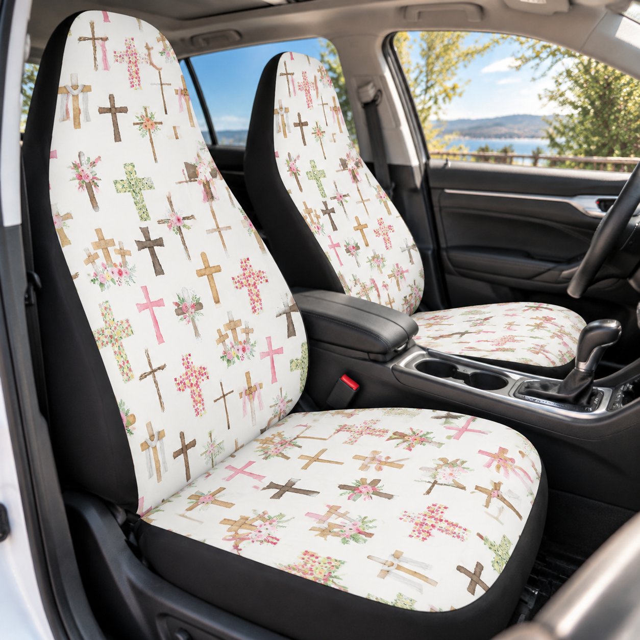 Floral Cross Car Seat Covers, Vintage Christian Auto Seat Cover, Religious Vehicle Accessories, Faith Based Car Decor Gift For Women CARSC15