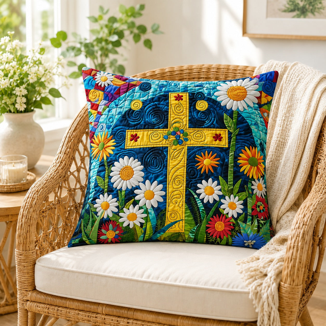 Floral Cross Quilted Pillow Case, Christian Cross Pillow Cover, Colorful Faith Home Decor, Religious Gift, Church Decor QPILLOW14