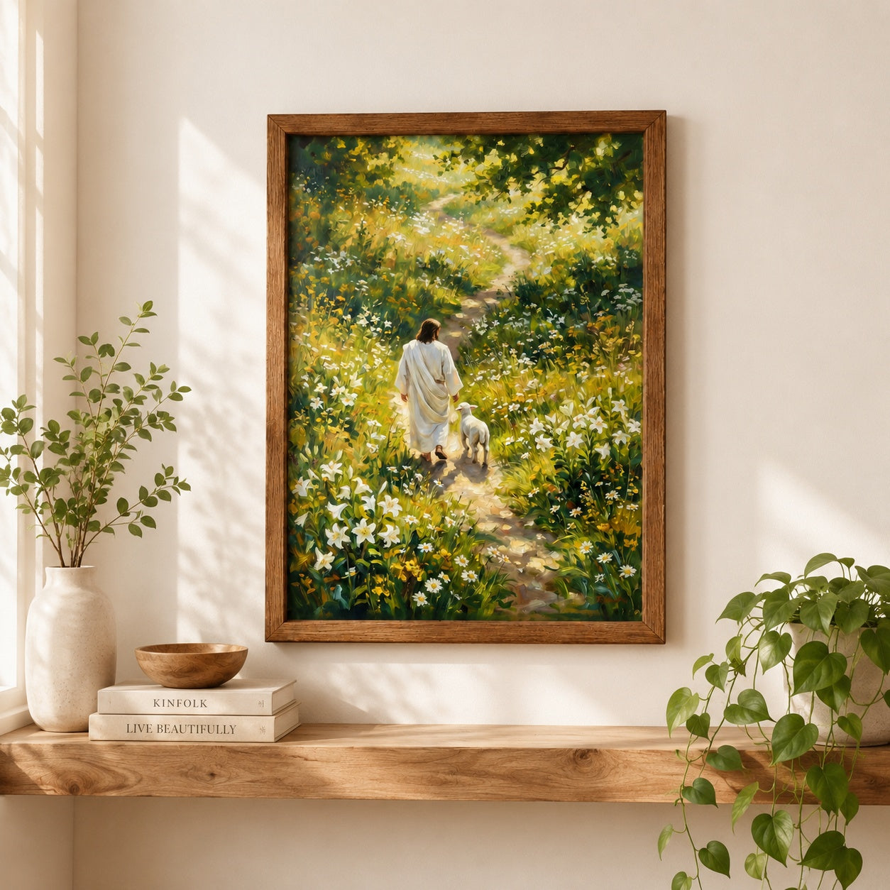 Jesus Walking with Lamb Poster, Christian Wall Art Print, Good Shepherd Religious Decor, Bible Inspired Faith Gift, Floral Meadow Wall Art PTS15